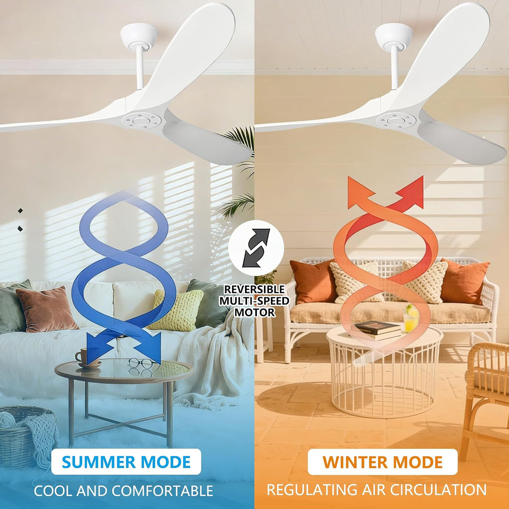 60 Inch White Ceiling Fan No Light, Wood Indoor Outdoor Ceiling Fans for Patios Living Room Bedroom Gazebo, Big 3 Blade Propeller Wet Rated Ceiling Fans for Sloped Angled Ceiling