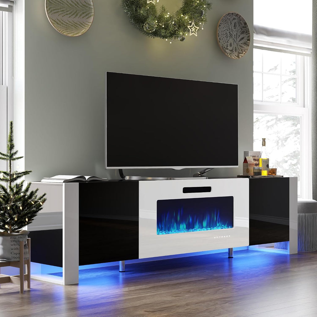 VanAcc 80' Fireplace TV Stand with 40' Electric Fireplace, High Gloss Entertainment Center with LED Lights, Modern Entertainment Stand for TVs up to 90', Black&White