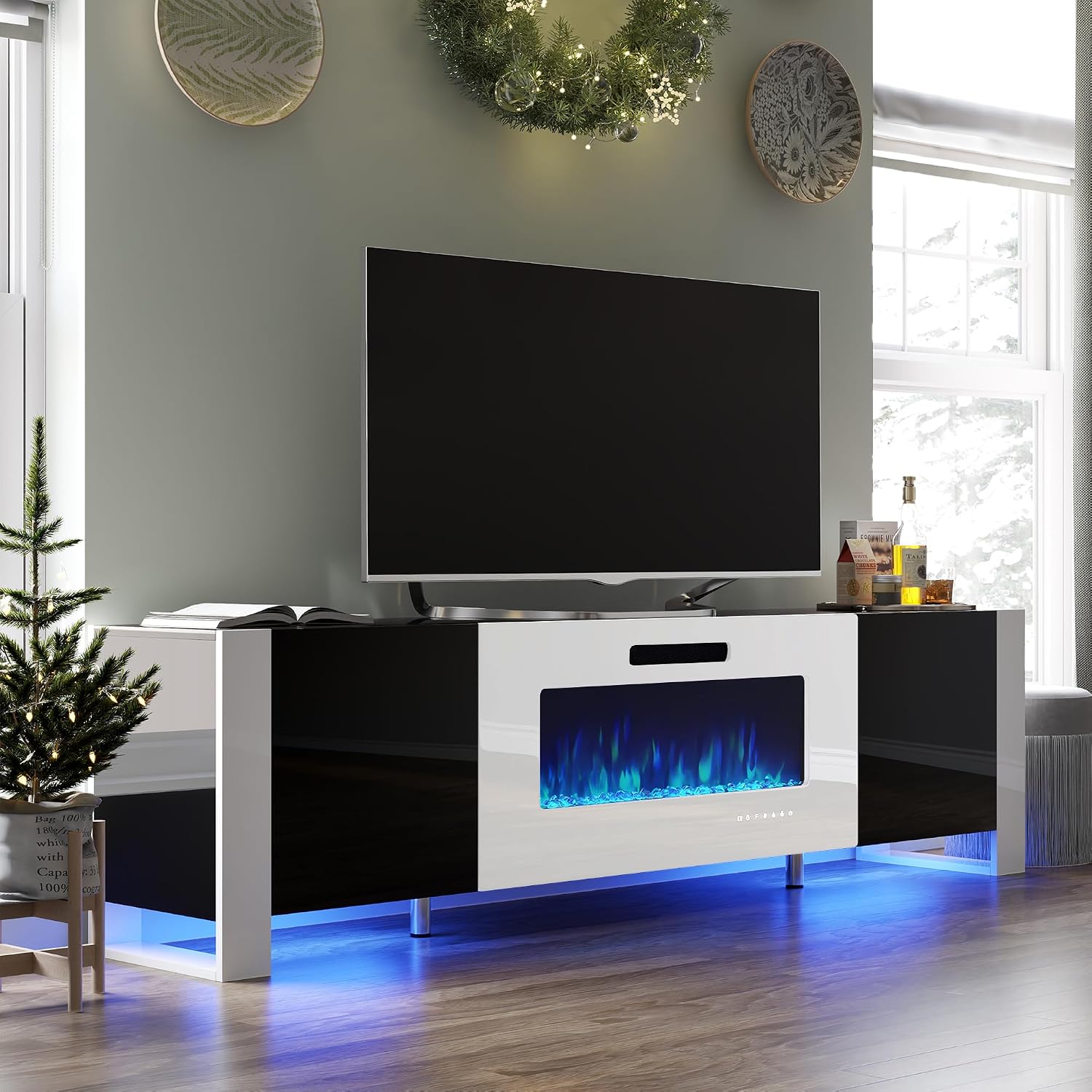 VanAcc 80' Fireplace TV Stand with 40' Electric Fireplace, High Gloss Entertainment Center with LED Lights, Modern Entertainment Stand for TVs up to 90', Black&White