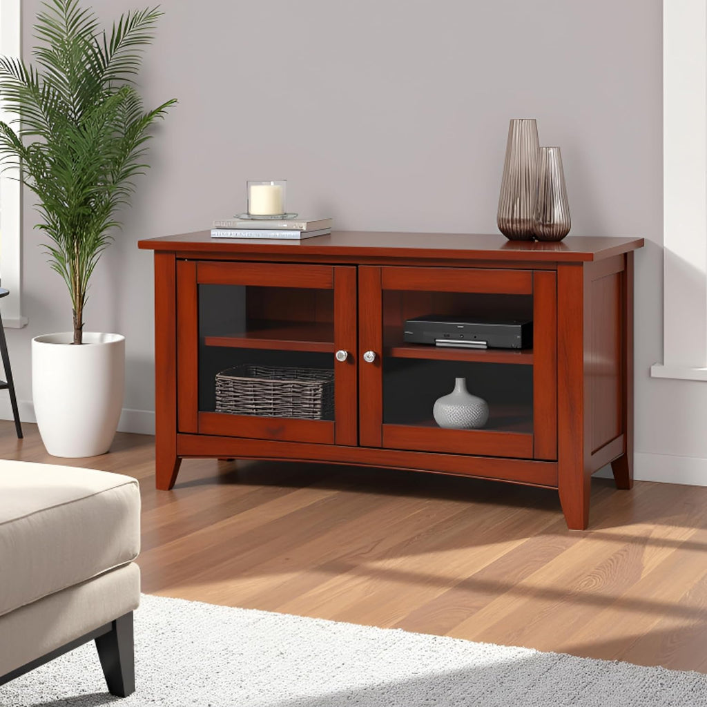 Shaker Cottage 36-Inch TV Stand Cabinet – Glass Door Media Console with Adjustable Shelves, Beadboard Accent, and Storage Organizer for Living Room, Bedroom, or Office by Alaterre Furniture (Cherry)