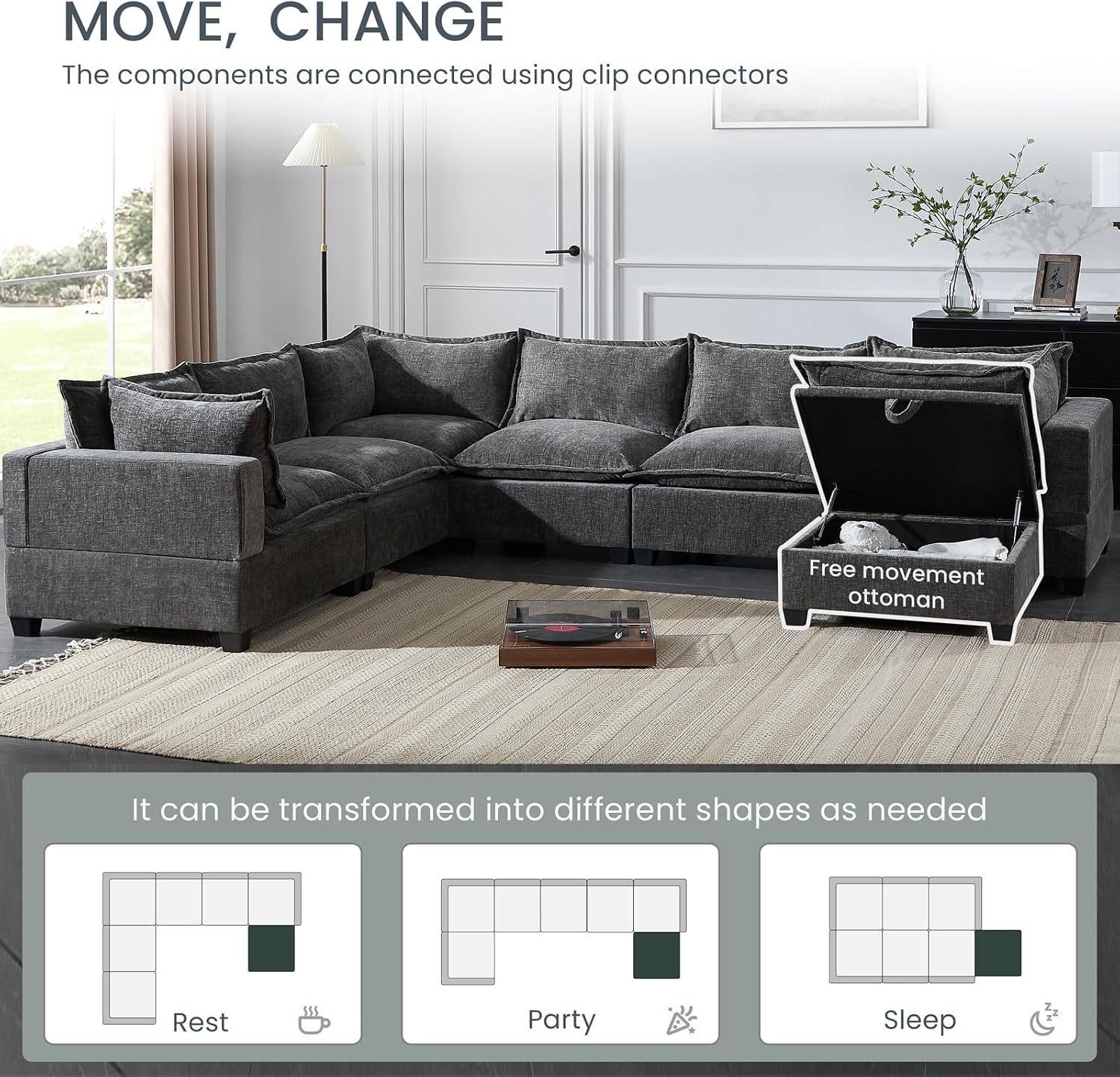 117' Oversized Modular Sectional Sofa with Movable Storage Ottoman, 7-Seat U-Shaped Cloud Couch with Deep Seats, Chenille Upholstered Corner Couch, Modern Sectional Couches for Living Room, Grey