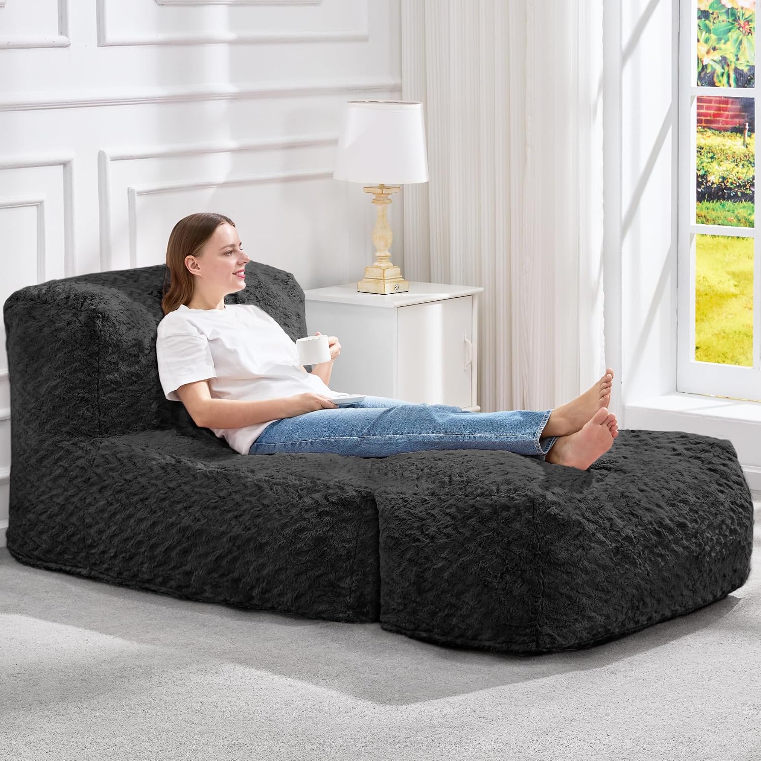 Hobestluk Bean Bag Chair Big Bean Bag Lounger for Adults Bean Bag Couch with Memory Foam Filled for Living Room, Bedroom or Balcony (Chevron Plush Black)