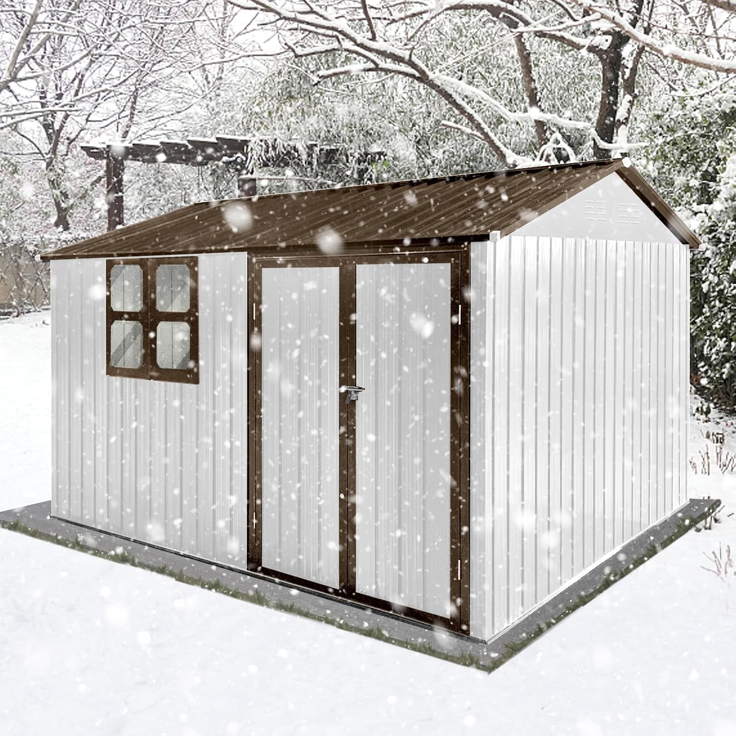 10x8 ft Outdoor Metal Storage Shed with Window, Aluminum Frame and Galvanized Steel Plate Tool Shed with Lockable Door, Air Vent, Waterproof Garden Storage House for Backyard (White)