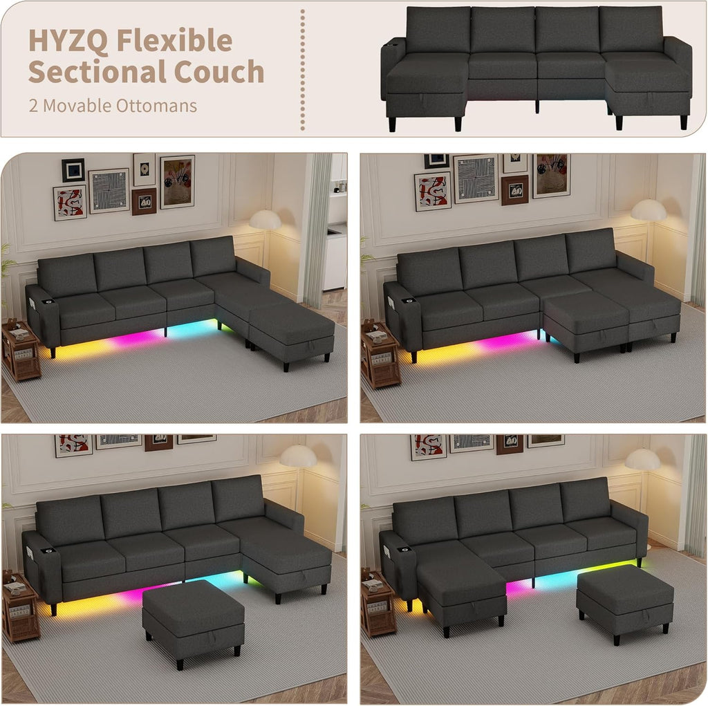 Sectional Couches for Living Room, 109' U Shaped Cloud Couch with Chaise Lounge/Storage Ottoman, 4 Seat Linen Sectional Sofa with Smart Module-Wireless Charging/USB/Type-C/RGB Lights (Dark Grey)