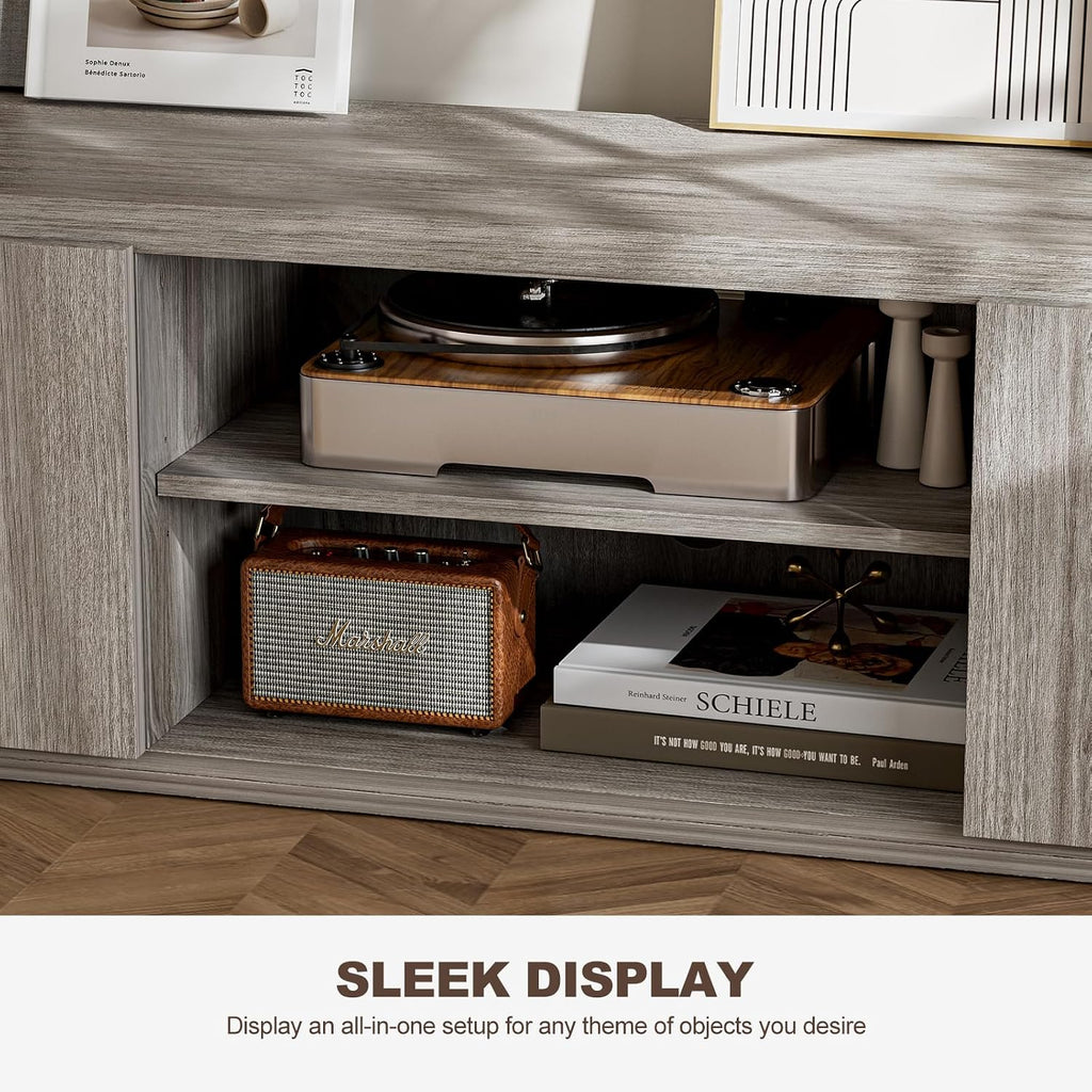 BELLEZE 70' Fluted TV Stand for TVs up to 75', Media Entertainment Center Console Table with Oversize Drawers and 2-Tier Open Shelves, Wood Storage Cabinet for Living Room, 15'D x 70'W x 16'H-(Gray)
