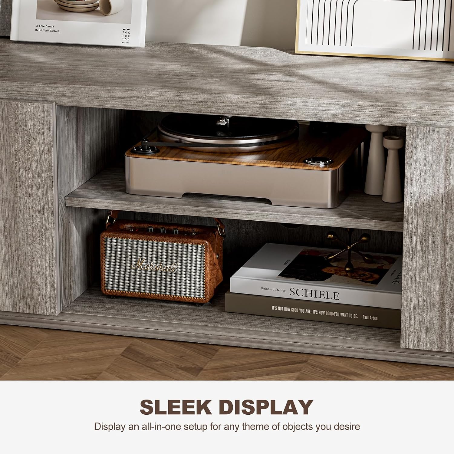 BELLEZE 70' Fluted TV Stand for TVs up to 75', Media Entertainment Center Console Table with Oversize Drawers and 2-Tier Open Shelves, Wood Storage Cabinet for Living Room, 15'D x 70'W x 16'H-(Gray)