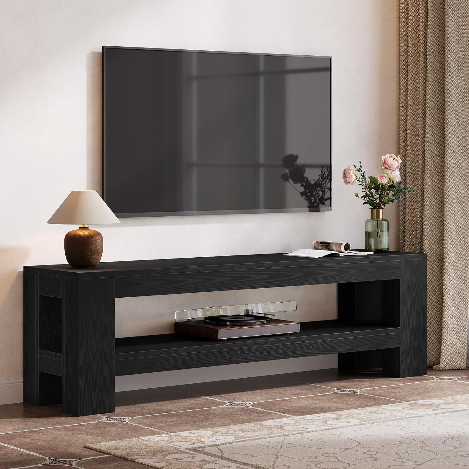 Tribesigns 59' TV Stand for 55/60/65/75-Inch TVs, Rustic Media TV Console with Storage Shelve, Entertainment Center Television Stand for Living Room, Bedroom (Black)