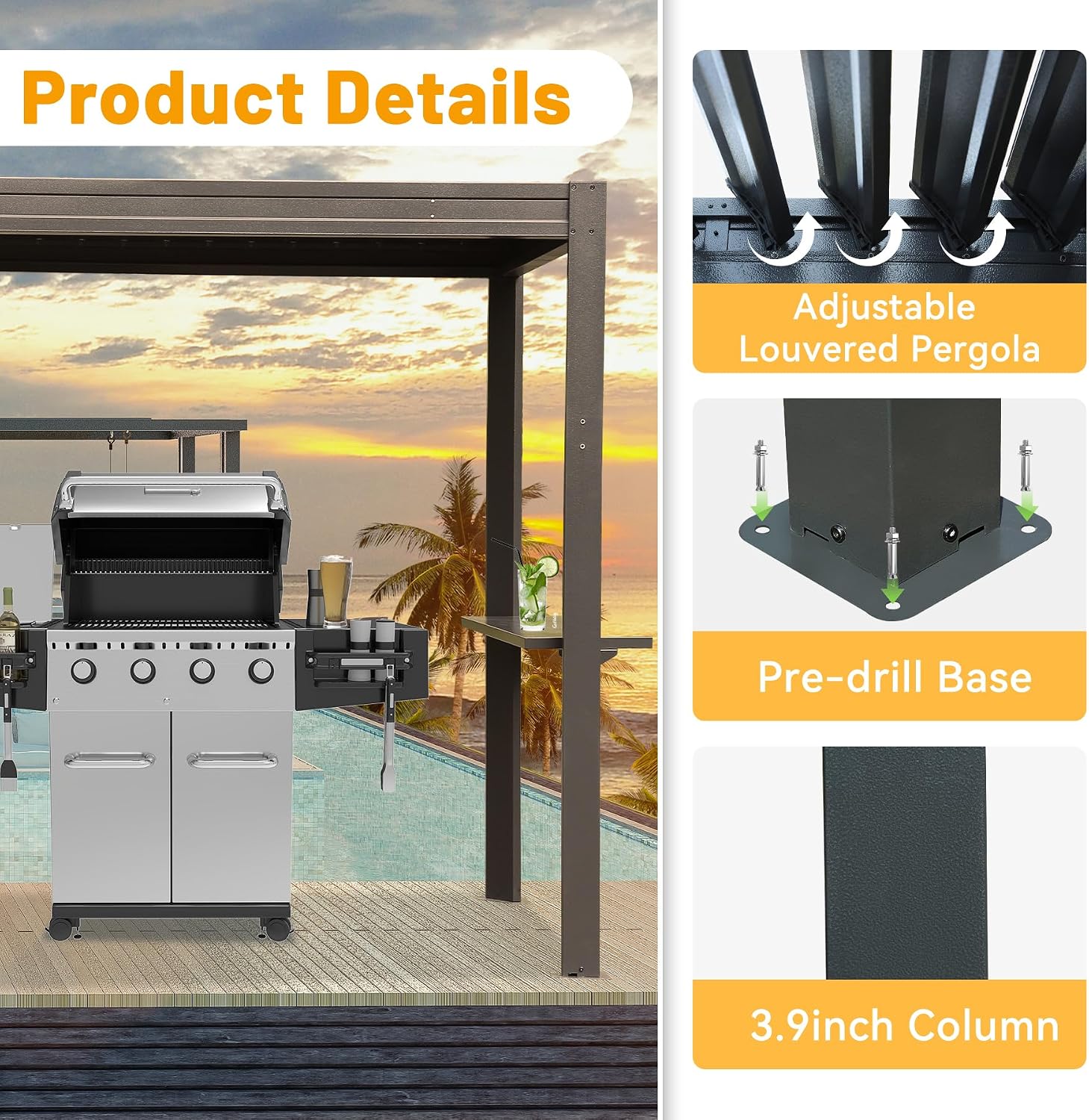 8x5 FT Grill Louvered Pergola for Outdoor Grill, Hardtop Grill Pergola with Built-in Gutter & Adjustable Rainproof Roof, Metal Shelter Gazebo for Patio Backyard Deck -Brown