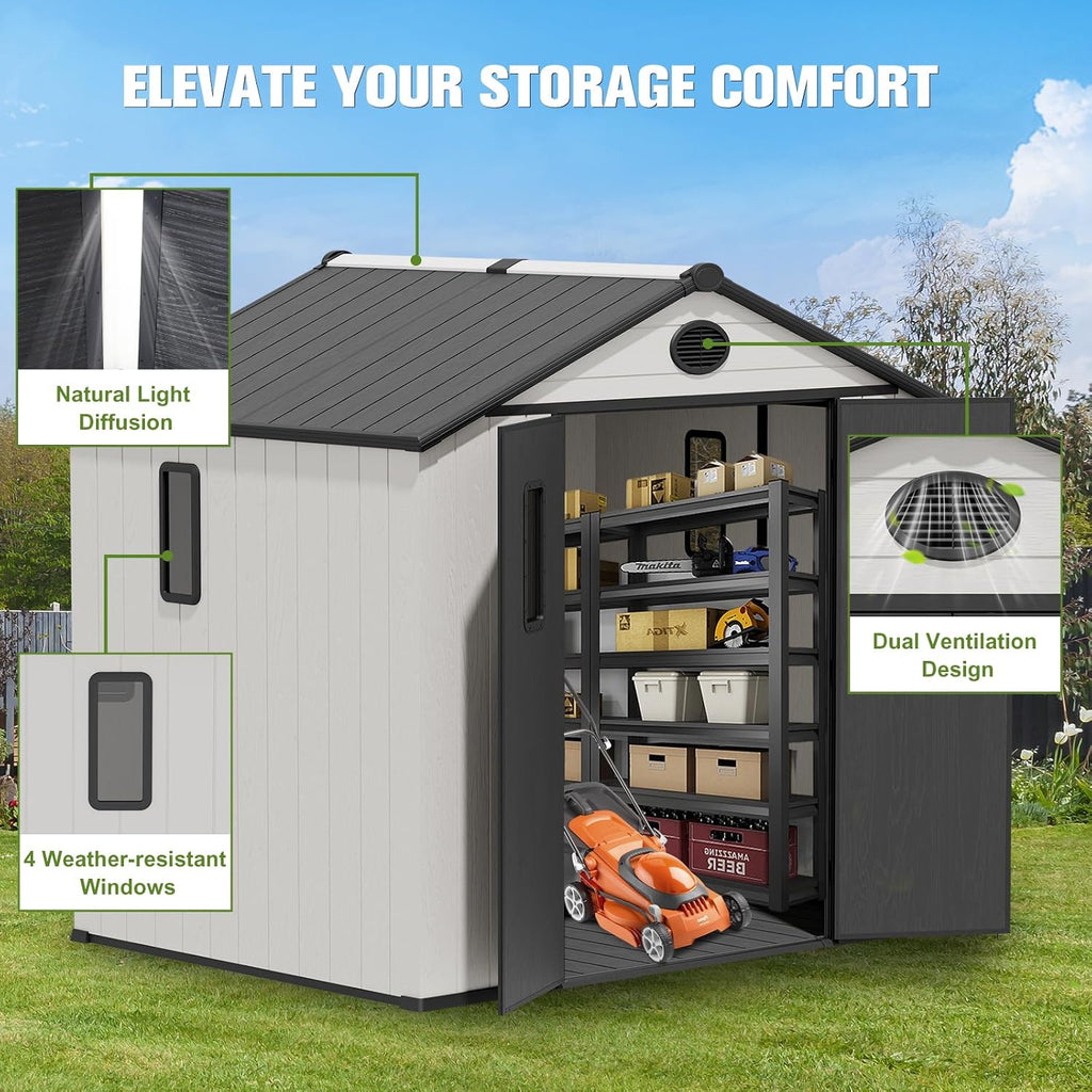 COOS BAY 8x6 Outdoor Storage Shed with Floor, Lockable Doors, All-Weather Resin Garden Tool Shed, White/Gray
