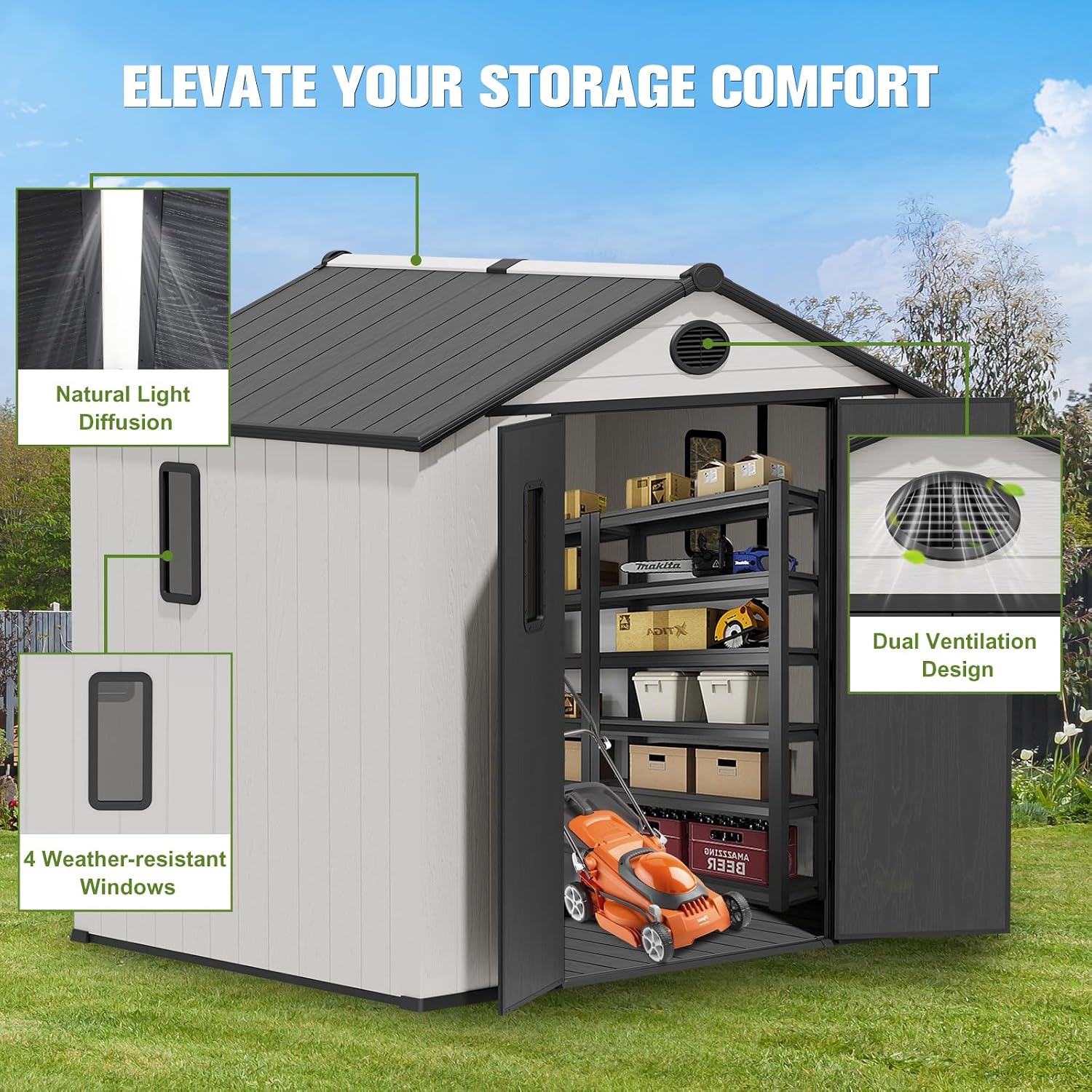 COOS BAY 8x6 Outdoor Storage Shed with Floor, Lockable Doors, All-Weather Resin Garden Tool Shed, White/Gray