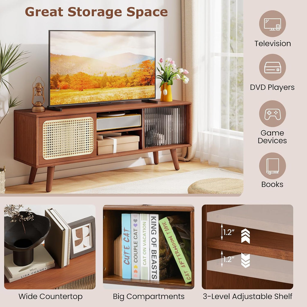 Giantex Bamboo TV Stand for TVs up to 55', Mid Century Modern Entertainment Center w/ 3-Level Adjustable Shelf, PE Rattan, Tempered Glass Sliding Door, Media TV Console Table for Bedroom (Walnut)