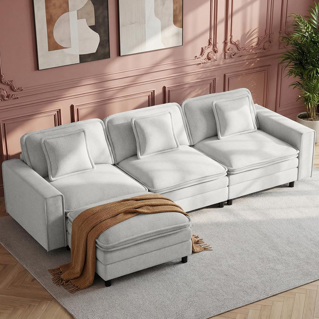 MALOL Modular Sectional Sofa 107', Comfy Cloud Couch with Ottoman, Deep 4-Seat L Shaped Modular Sofa, Couches with Throw Pillows for Living Room, Beige