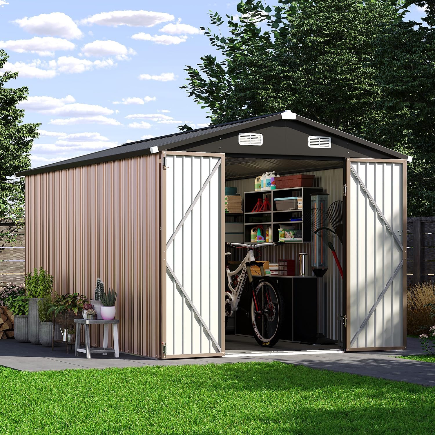 8x12FT A-Frame Metal Shed with Base Included, Brown Outdoor Tool Storage Building, Durable and Weather-Resistant, Perfect for Backyard, Garden, or Lawn