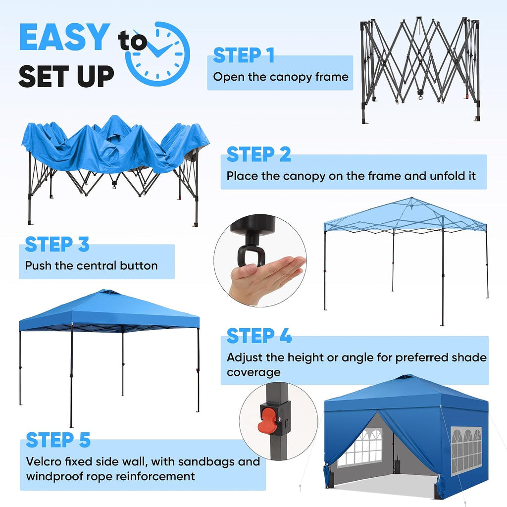 GDY 10x10 Pop Up Canopy Tent with 4 Sidewalls, Easy Set up with One Push Lift Outdoor Silver Coated Beach Gazebos, Carpas with 4 Sandbags, for Events, Parties, and Camping, Navy Blue.