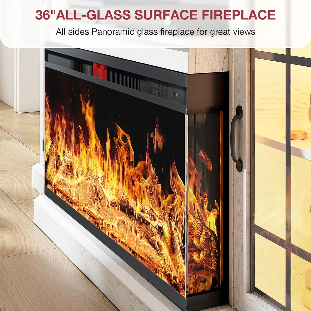 oneinmil 80'' Fireplace TV Stand with 3-Sided Glass, TV Cabinet for TVs up to 85', 80'' Modern Media Entertainment Center with Farmhouse Glass Door Storage Cabinets