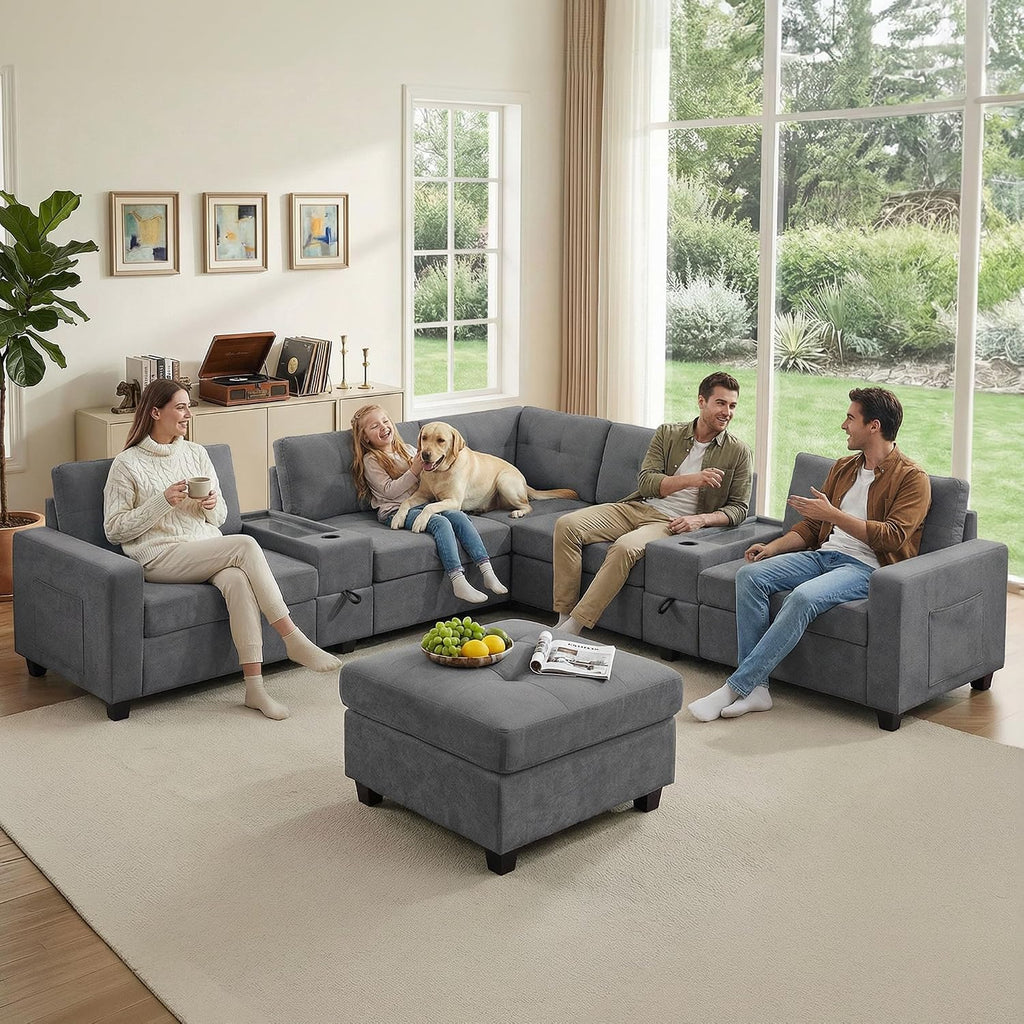 103'' Modular Sectional Sofa couch with 2 Acrylic Consoles, Oversized U Shaped Couch with USB Charger, Storage Drawers,Pockets and Movable Ottoman, Chenille Sectional Couches for Living Room ,Gray