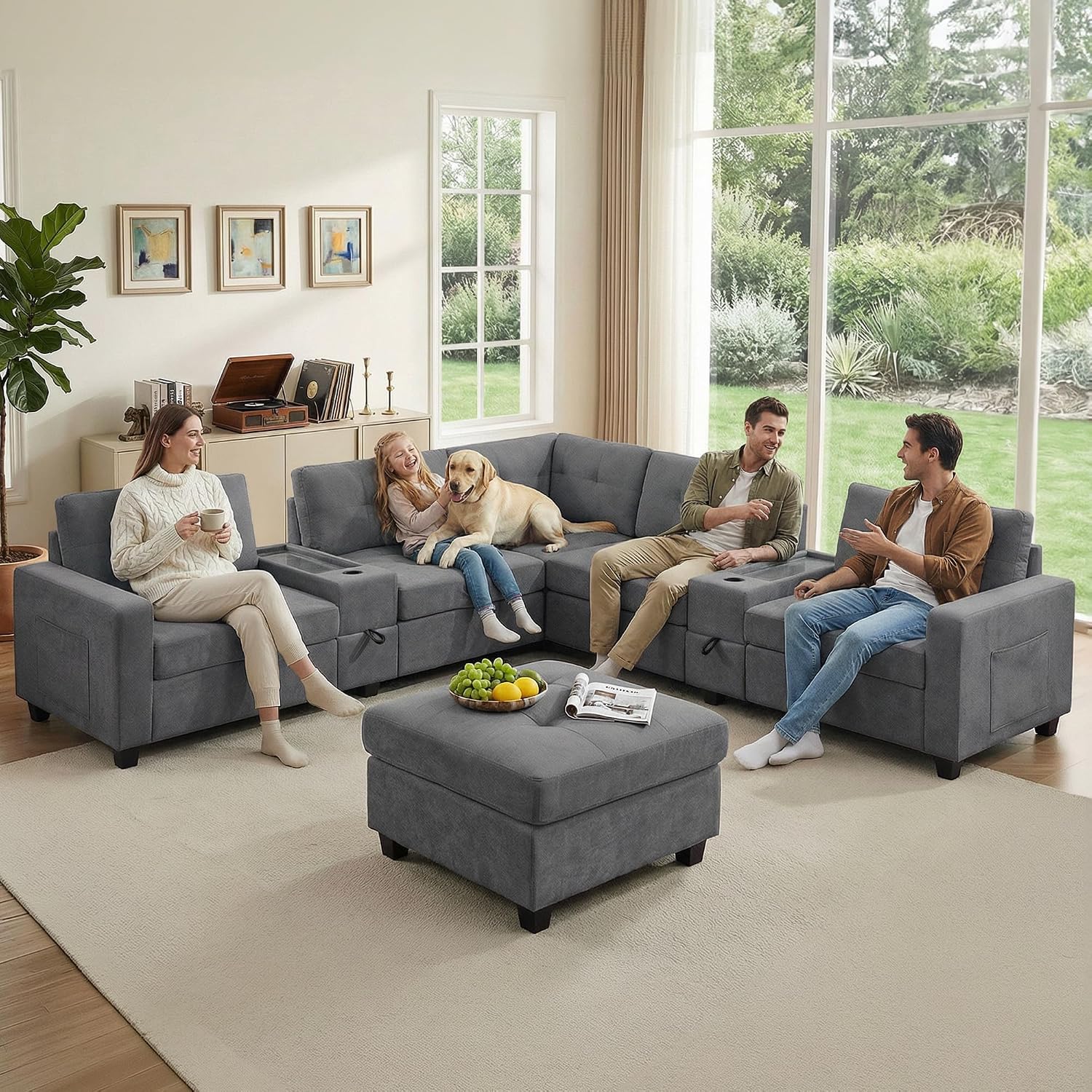 103'' Modular Sectional Sofa couch with 2 Acrylic Consoles, Oversized U Shaped Couch with USB Charger, Storage Drawers,Pockets and Movable Ottoman, Chenille Sectional Couches for Living Room ,Gray