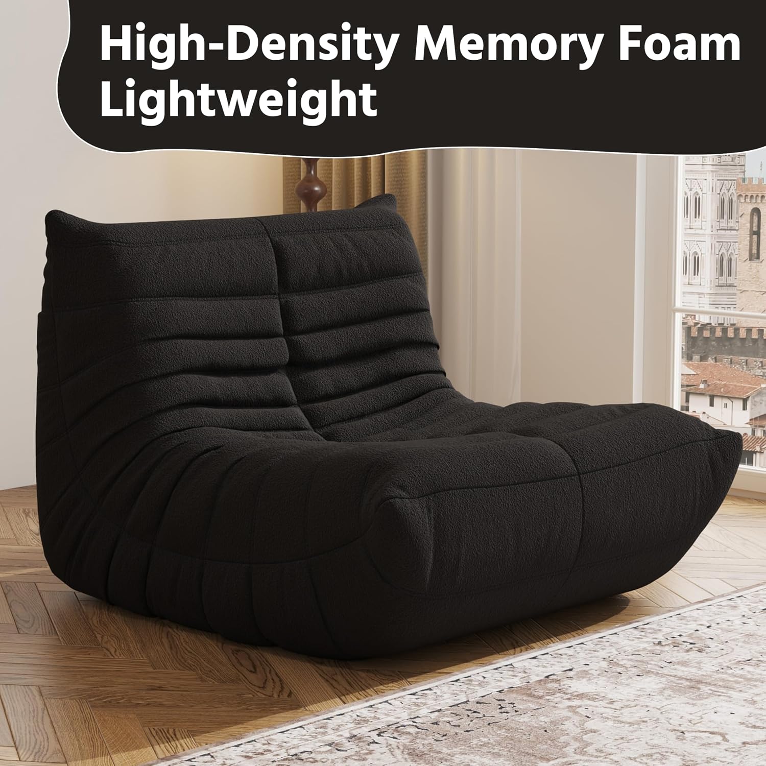 Giant Bean Bag Chair for Adults - Teddy Fleece Fireside Accent Chair with Memory Foam, Comfy Lazy Floor Sofa Couch Boneless Chaise Lounge for Living Room Bedroom Home Theaterr, 1 Seater, Black