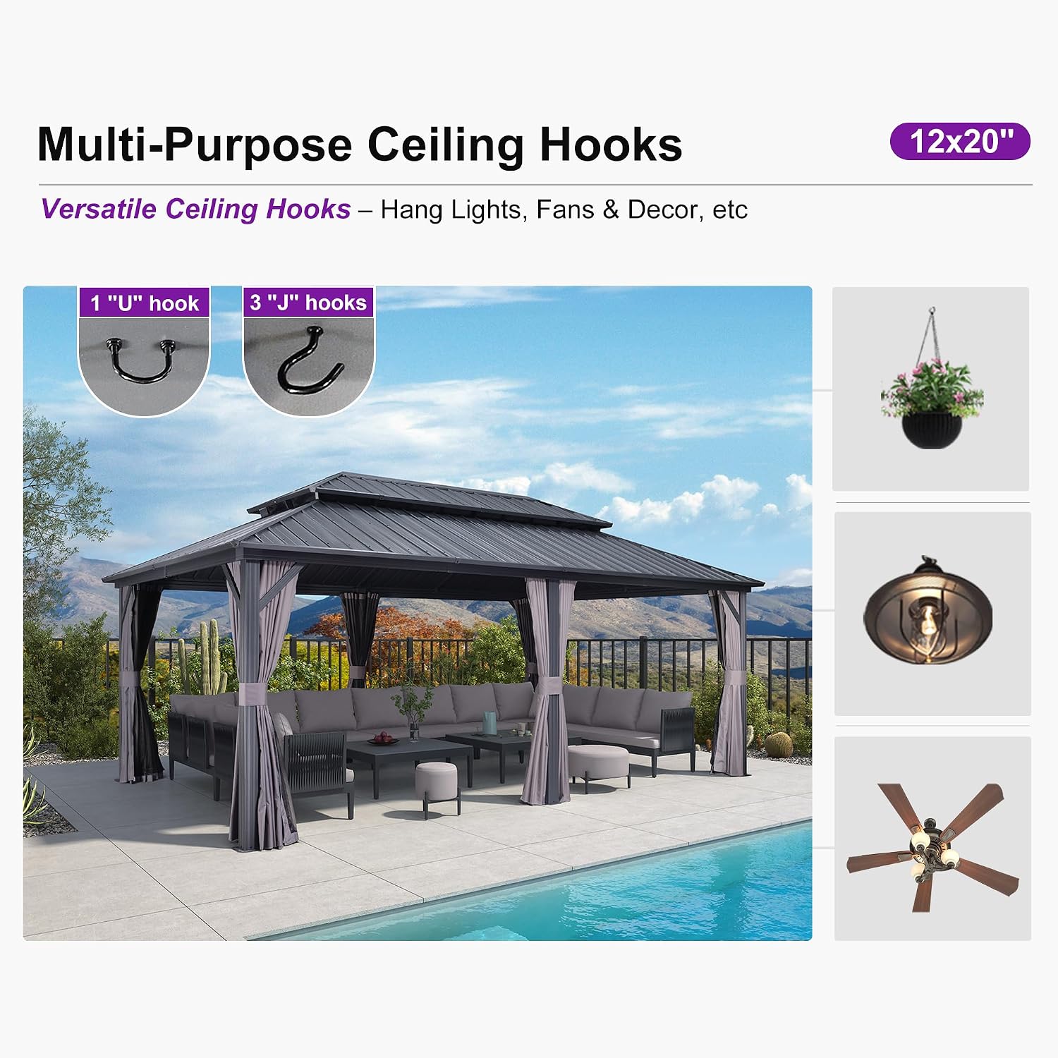 PURPLE LEAF 12'x20' Hardtop Gazebo with Lights Outdoor Pavilion Waterproof Double Roof Galvanized Steel for Patio and Garden Includes Netting and Curtains Grey