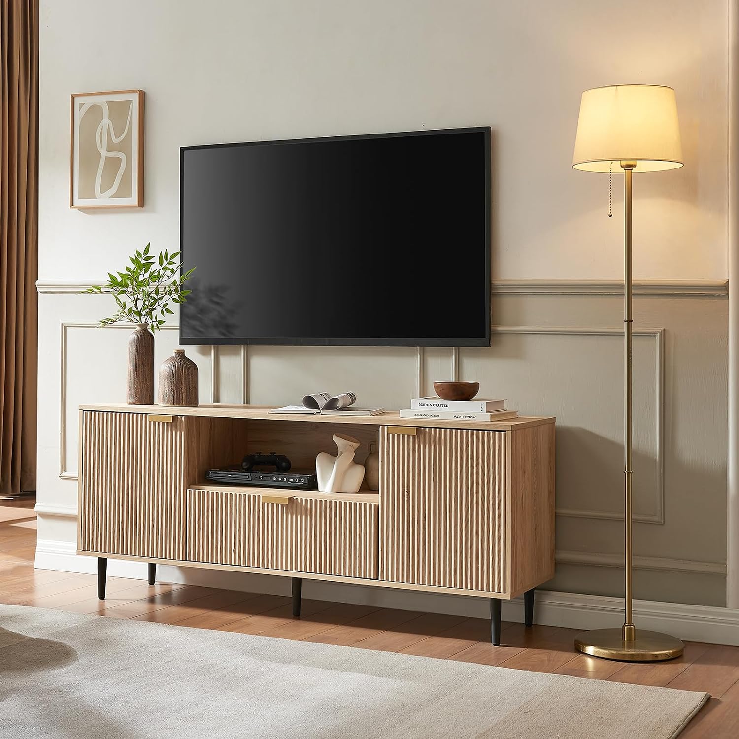Okvnbjk Modern TV Stand for 65 Inch TV, TV Consoles for Living Room, Media Console with Soft Hinge & Drawer, Wood Fluted Entertainment Center with Storage, Oak