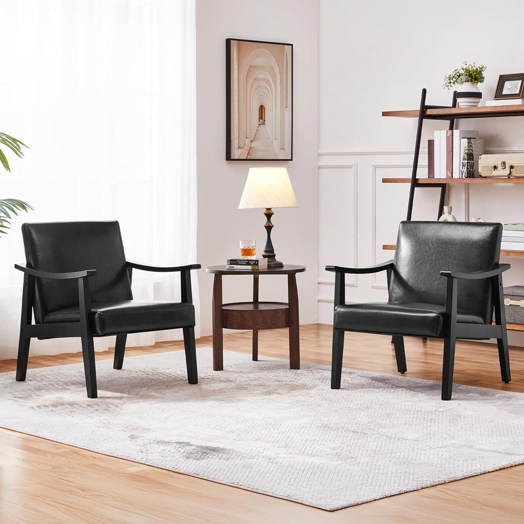 Yaheetech PU Leather Black Chairs, Mid-Century Modern Armchair with Solid Wood Legs, Reading Accent Chair with High Back for Living Room Bedroom Waiting Room, 2 pcs, Black