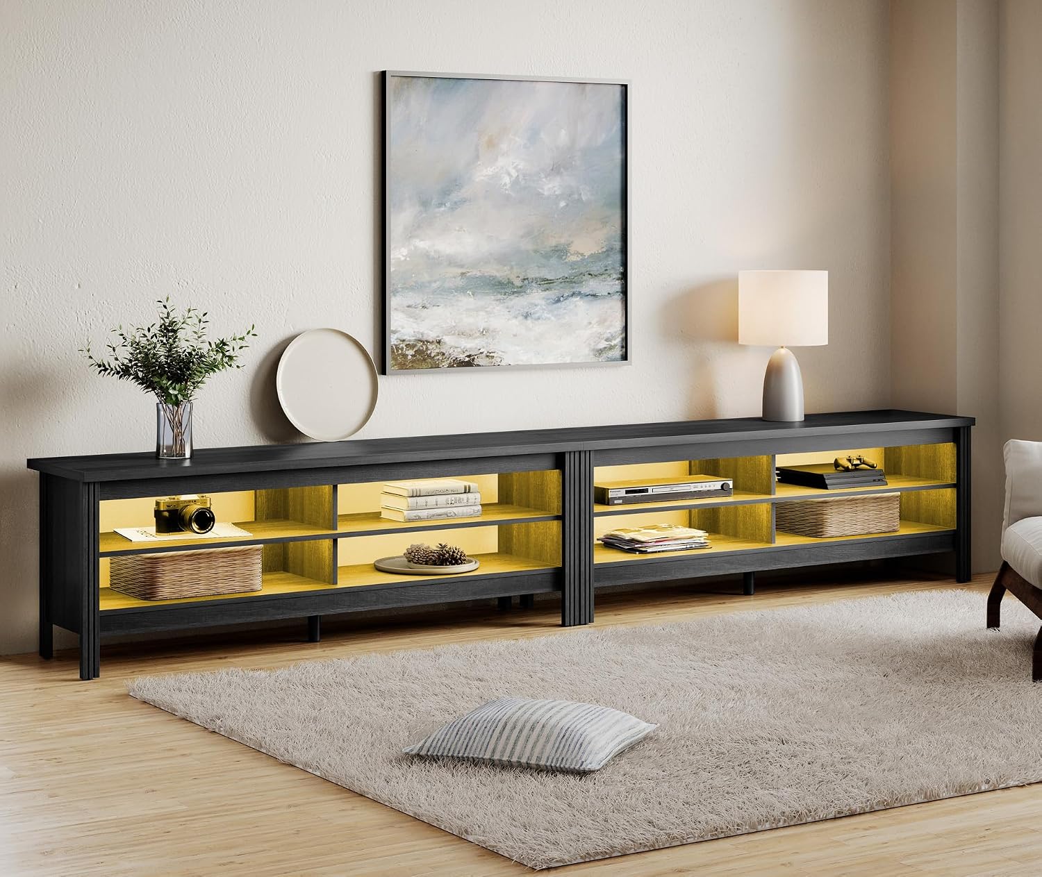 WAMPAT LED TV Stand for 100 Inch TV, Black/Oak Entertainment Center for 90 85 80 inch TV Console Table with 8 Cubby Storage for Living Room Bedroom, (W01A3155B+W01003*2)