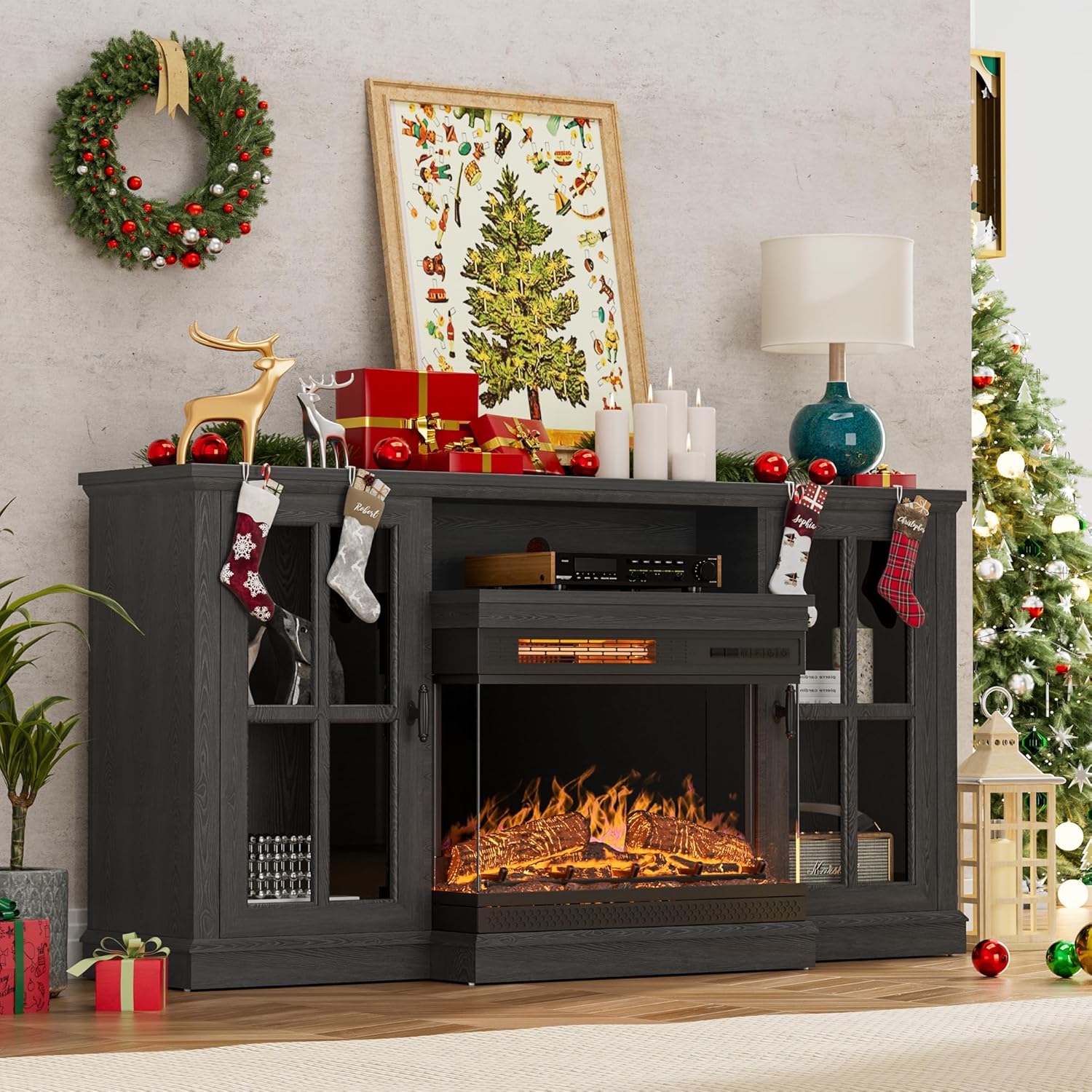 YESHOMY Glass Fireplace TV Stand for Televisions up to 65', Media Entertainment Center Console Table with Doors Closed Storage, Black