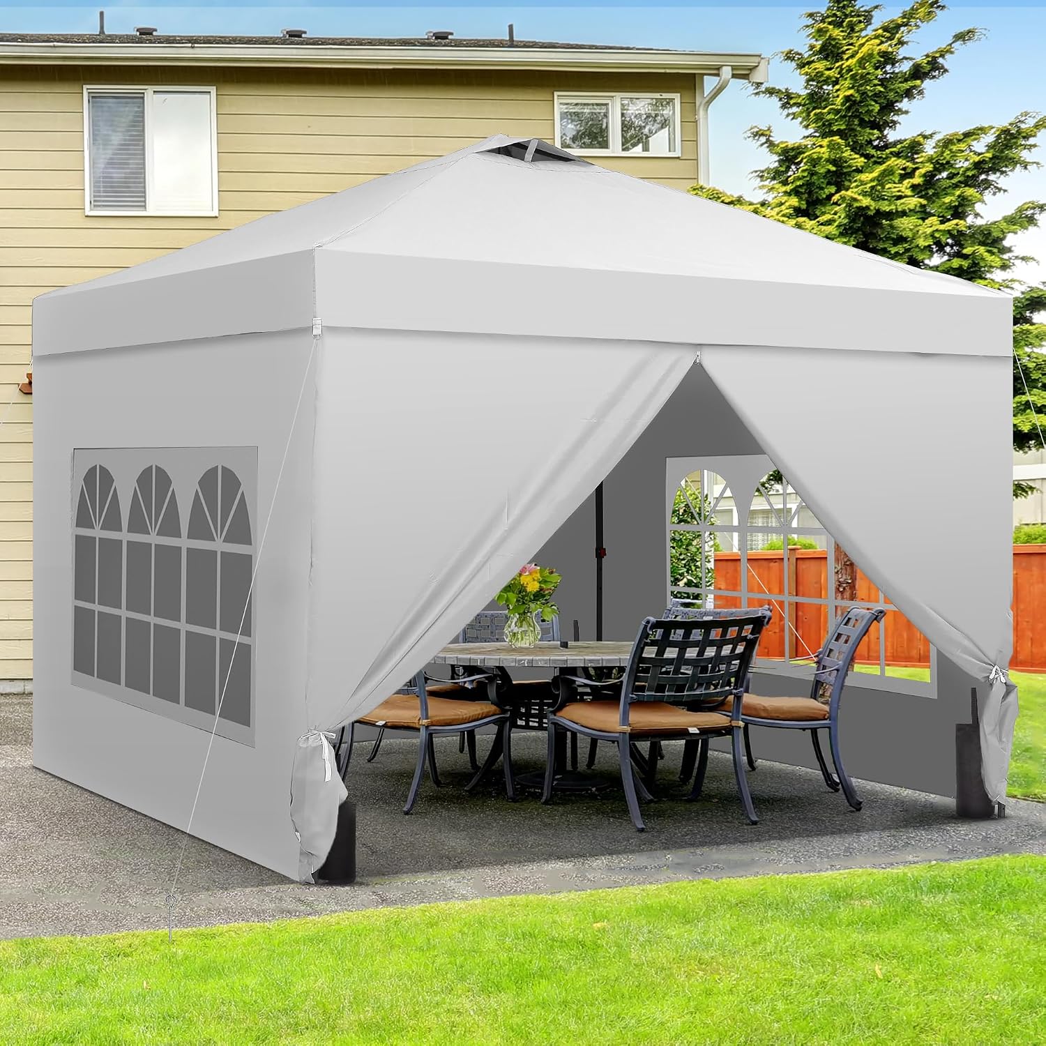 GDY 12x12 Pop Up Canopy Tent with 4 Sidewalls, Easy Set up with One Push Lift Gazebo with Wheel Bag and4 Sandbags,Carpas for Events, Parties,Camping, White.