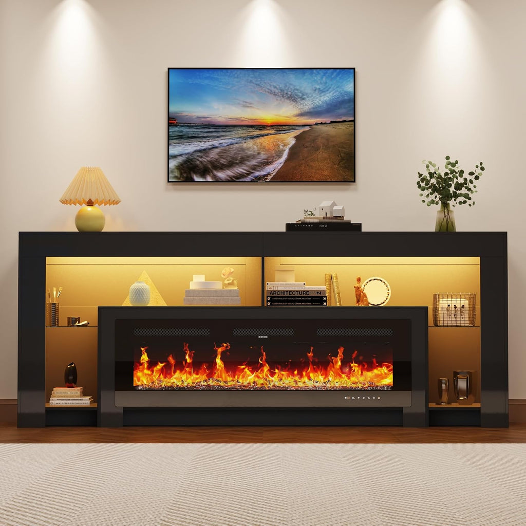 82' Modern High Gloss Fireplace TV Stand with 50' Fireplace, Entertainment Center with Electronic Flame and LED Lights, TV Console Cabinet, Black