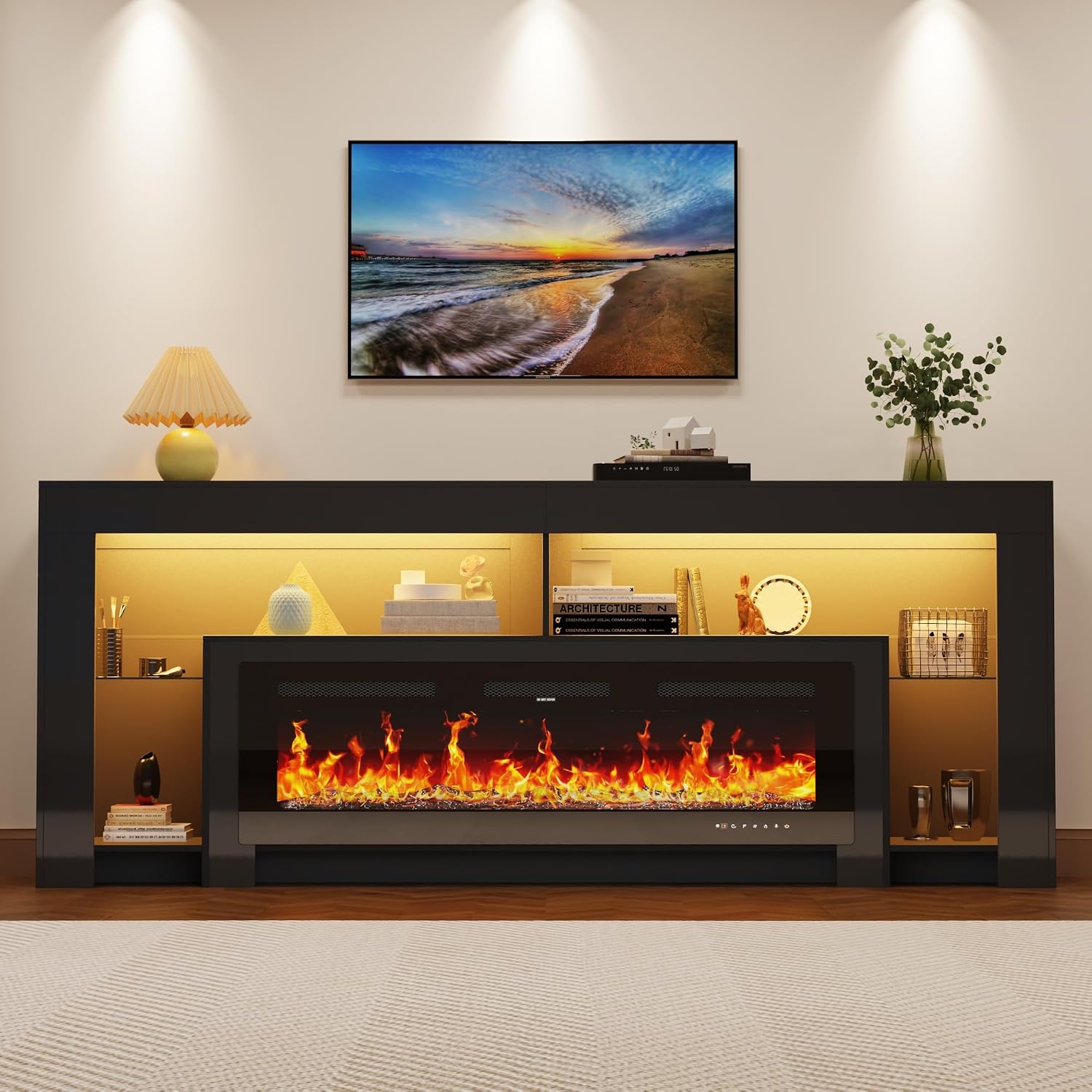 82' Modern High Gloss Fireplace TV Stand with 50' Fireplace, Entertainment Center with Electronic Flame and LED Lights, TV Console Cabinet, Black