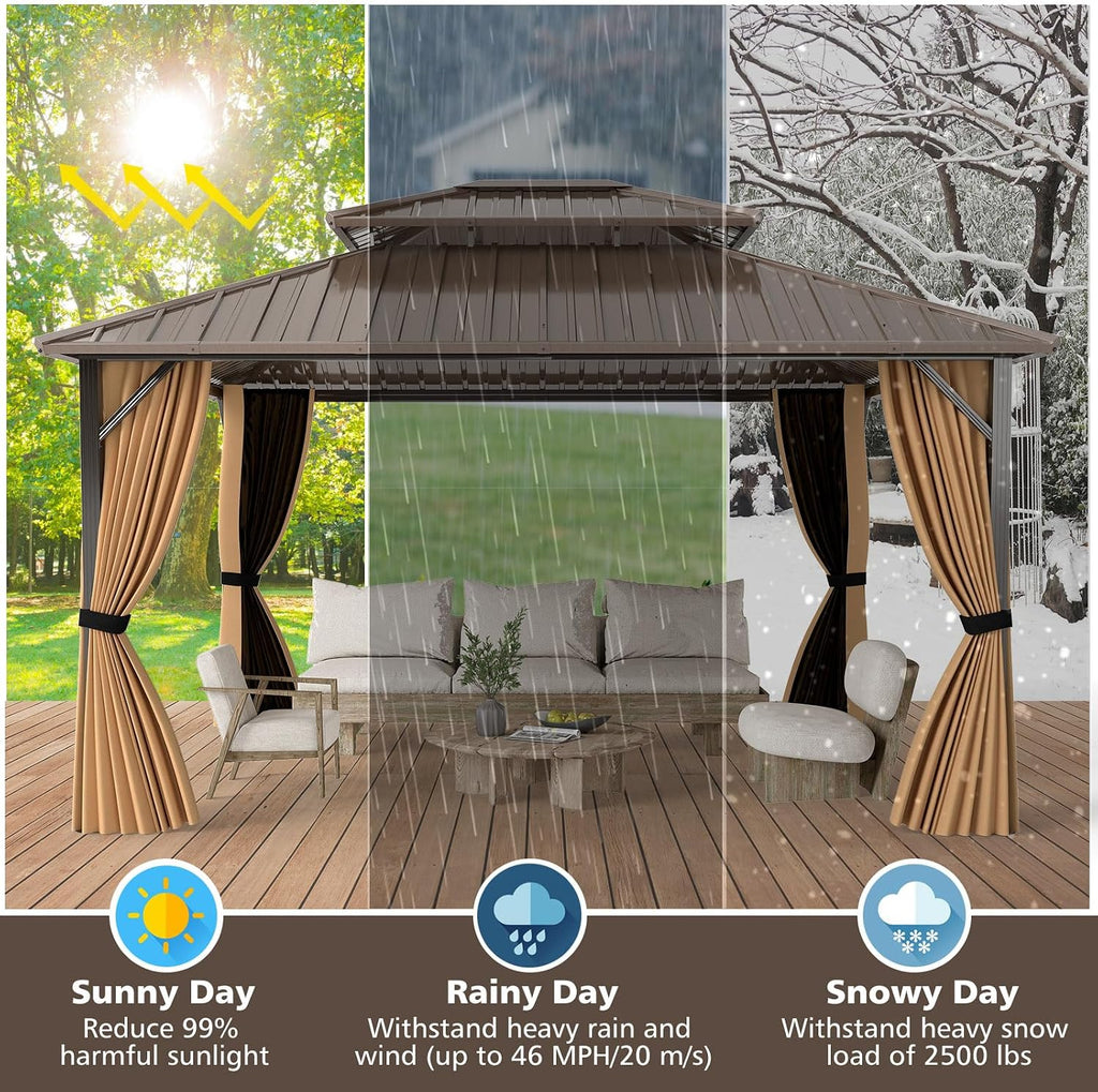 Tangkula 12x14 FT Hardtop Gazebo, Aluminum Frame Permanent Pavilion with Curtains, Netting, Heavy-Duty Double-Tier Galvanized Metal Roof, Outdoor Gazebo for Patios Garden Deck Lawn Backyard
