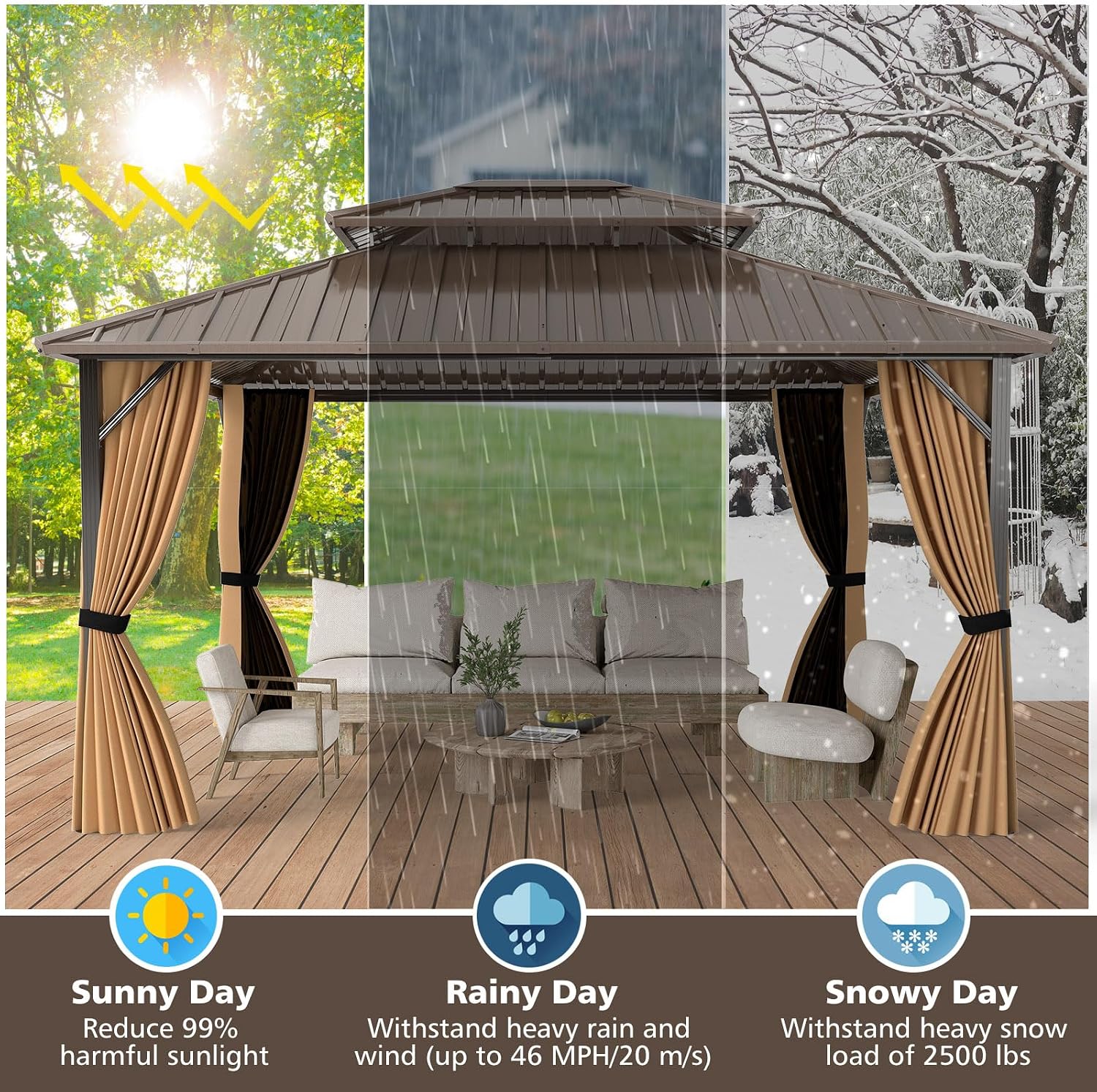 Tangkula 12x14 FT Hardtop Gazebo, Aluminum Frame Permanent Pavilion with Curtains, Netting, Heavy-Duty Double-Tier Galvanized Metal Roof, Outdoor Gazebo for Patios Garden Deck Lawn Backyard