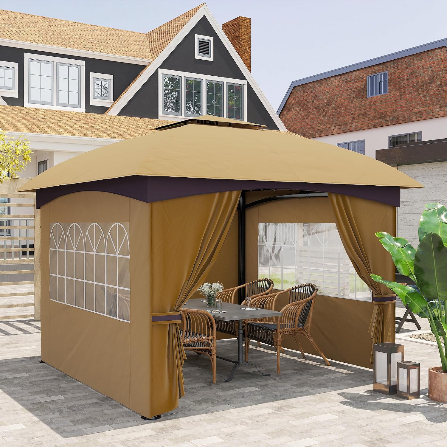 Outsunny 11' x 11' Outdoor Gazebo, Arc Patio Gazebo Canopy Shelter, UV Protected, with Curtains, Church Windows, Double Roof, Galvanized Steel Frame for Lawn, Backyard and Deck, Beige