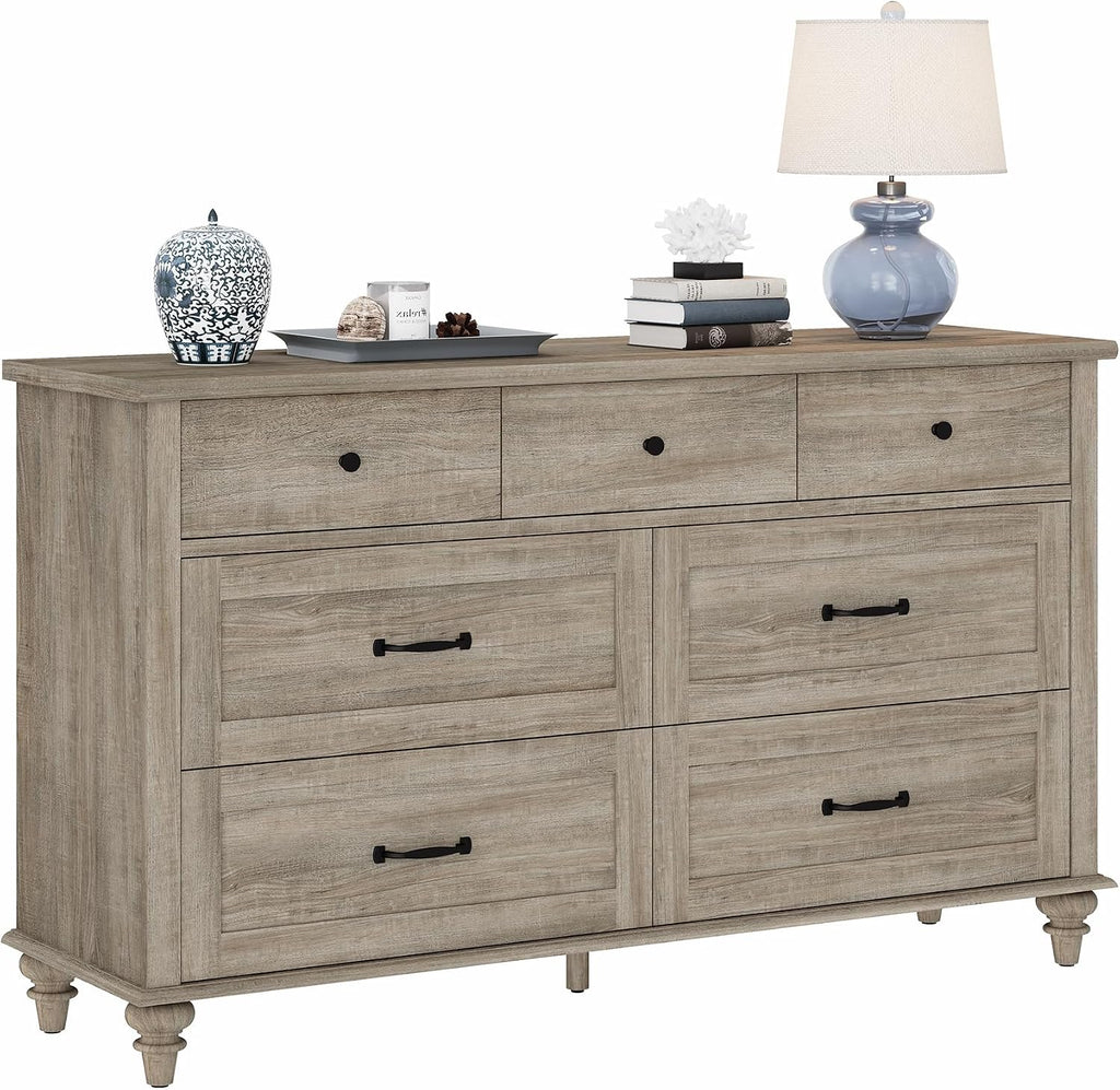 WAMPAT Wide Dresser TV Stand for 65 Inch TV, Light Wood TV Console Table Television Stands with 7 Drawers, Grey Media Storage Cabinet for Living Room Bedroom, 54 Inch