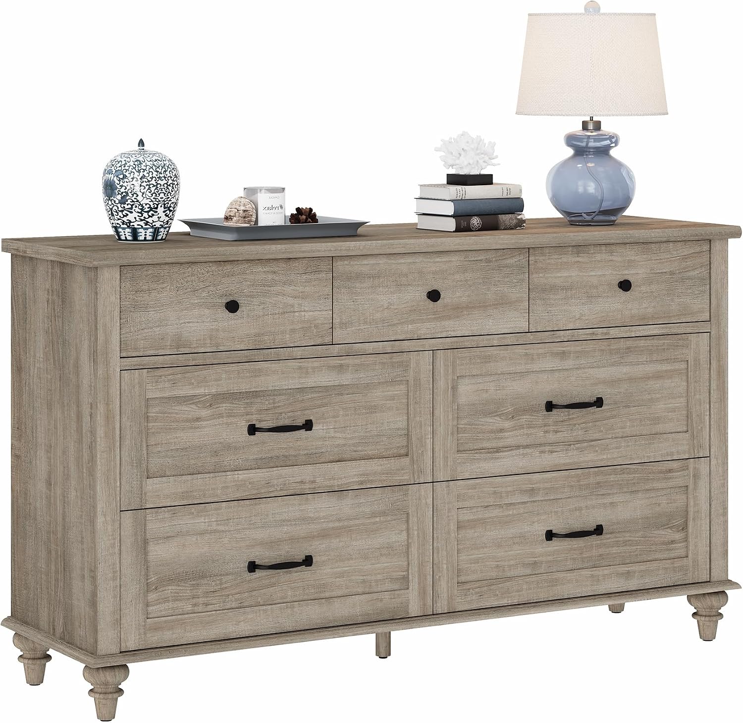 WAMPAT Wide Dresser TV Stand for 65 Inch TV, Light Wood TV Console Table Television Stands with 7 Drawers, Grey Media Storage Cabinet for Living Room Bedroom, 54 Inch
