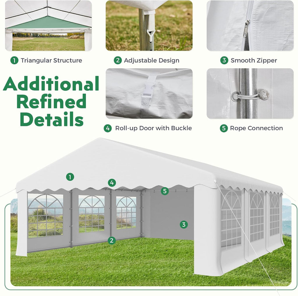 EROMMY 20X20FT Party Tent, White Outdoor Wedding Canopy with Removable Sidewalls and Church Windows, Heavy Duty Pavilion Shelter for Events, Celebrations, and Gatherings