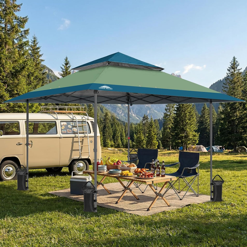 EAGLE PEAK 13x13 Straight Leg Pop Up Canopy Tent Instant Outdoor Canopy Easy Single Person Set up Folding Shelter w/Auto Extending Eaves 169 Square Feet of Shade (Light Green/Blue)