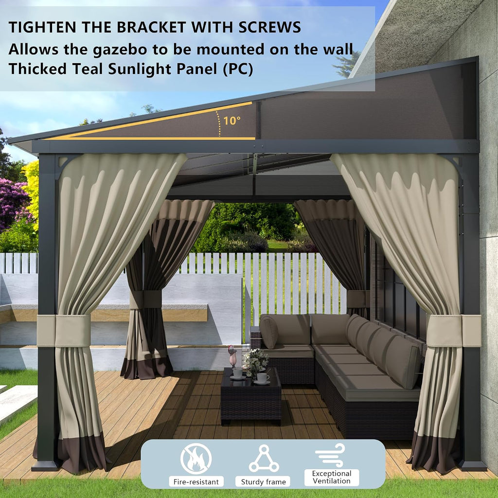 Kurapika 10' x 14' Wall Mount Gazebo Outdoor Pergola, Hardtop Lean to Gazebo Canopy Awnings with Sloped Roof and Sturdy Steel Frame, for Patio, Porch, Deck, Backyard(Navy Blue)