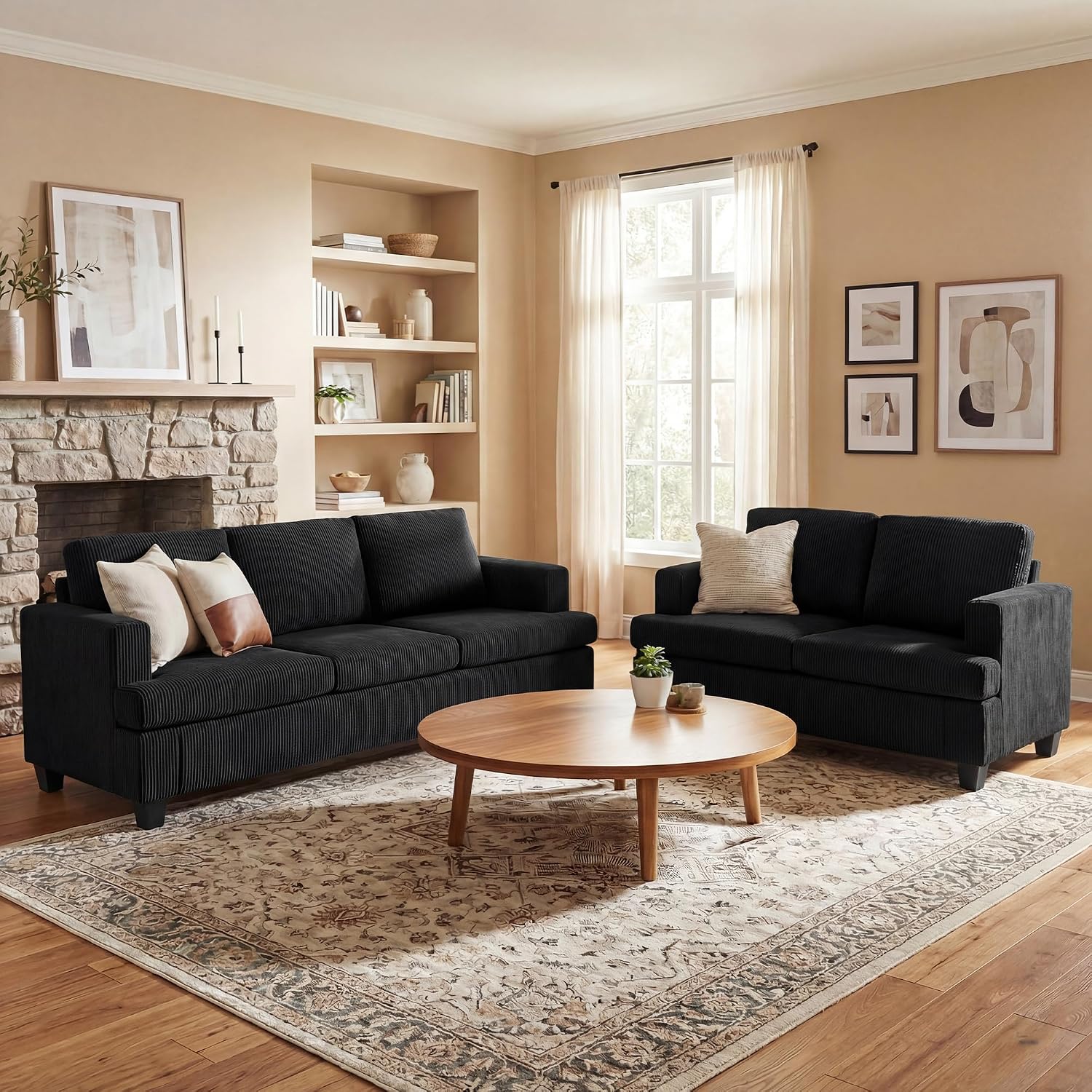 2 Pieces Corduroy Couch Set for Living Room, Black Cloud Sofa, Deep Seat Floor Couch for Bedroom, Futon Modern Sofa Sectional Bed, Black Corduroy