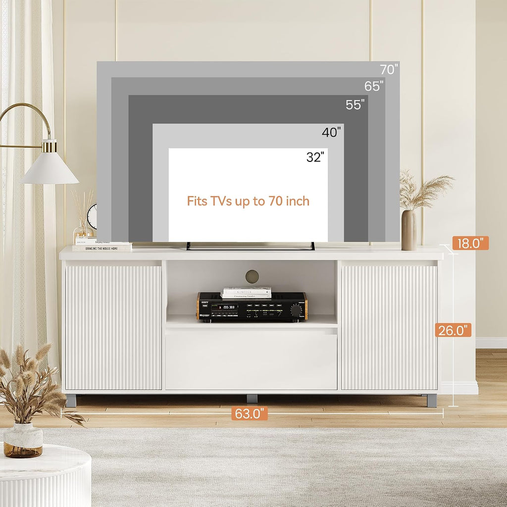 IDEALHOUSE 63in TV Stand for TVs Up to 70', Fluted Entertainment Center with Storage Drawer and Open Shelves, Modern TV Console Media Cabinet for Living Room, Bedroom
