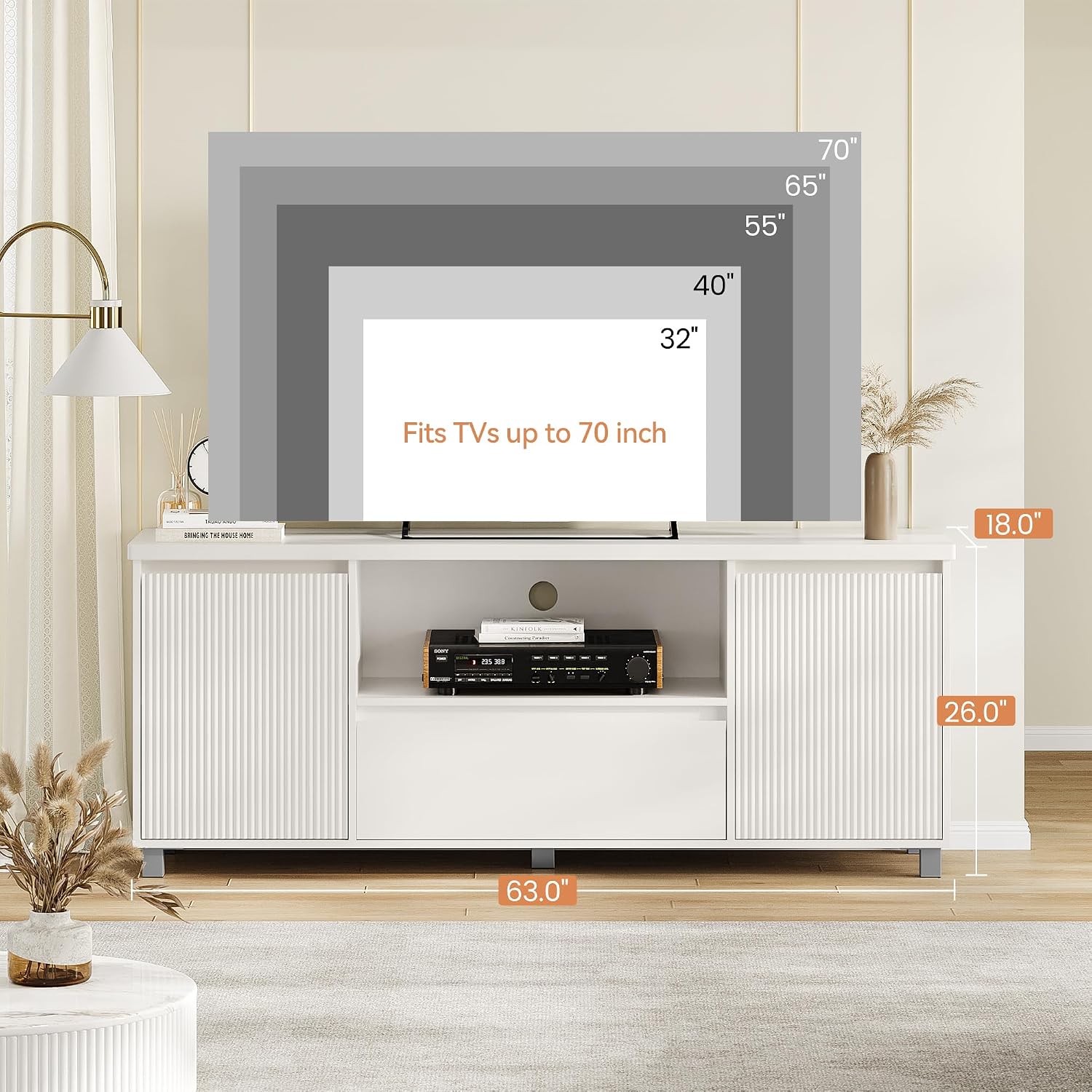 IDEALHOUSE 63in TV Stand for TVs Up to 70', Fluted Entertainment Center with Storage Drawer and Open Shelves, Modern TV Console Media Cabinet for Living Room, Bedroom