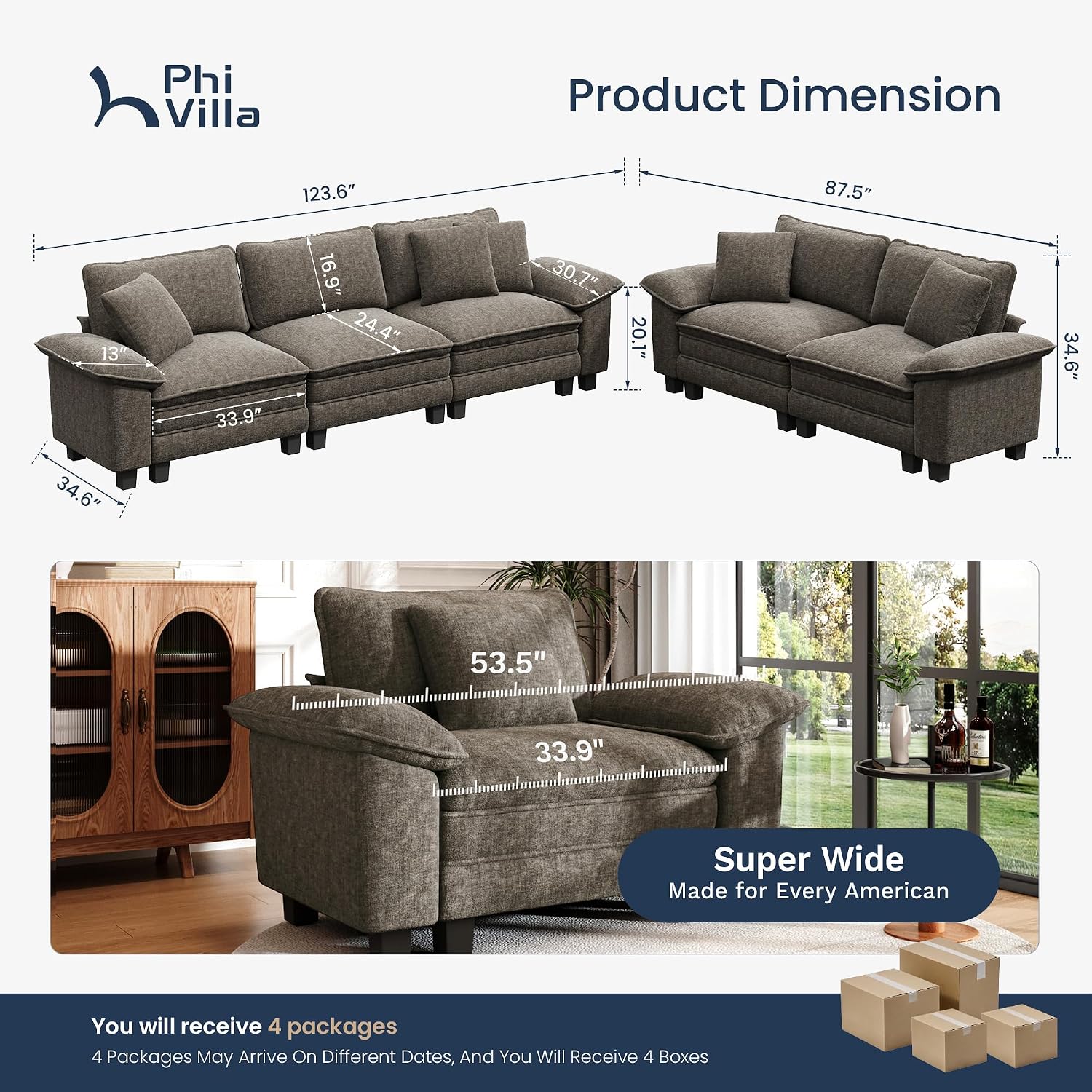 PHI VILLA Cloud Modular Couches Sets, 2 Pieces Comfy Sectional Sofa Set with Loveseat, 5-Seater Upholstered Couch for Living Room, Chenille Fabric, Smoky Grey