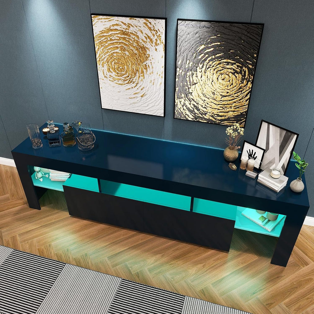 Black TV Stand, 60 65 70 75 inch Wood TV Stand, High Glossy Entertainment Center with Large Drawers＆Glass Display Shelf, LED Modern Media Gaming Cabinet TV Console for Livingroom, Bedroom