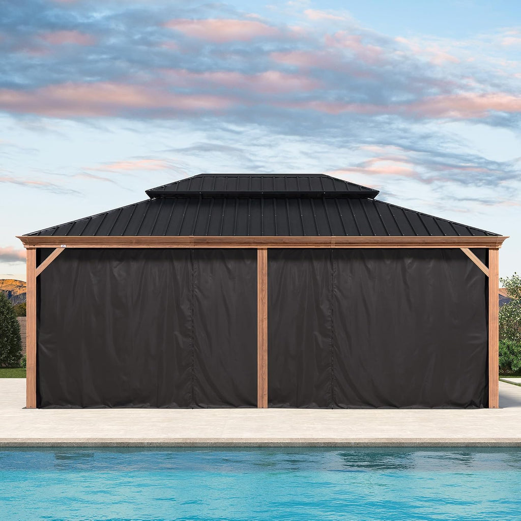 PURPLE LEAF 14' X 20' Outdoor Hardtop Gazebo for Patio Galvanized Steel Double Roof Permanent Canopy Teak Finish Coated Aluminum Frame Pavilion Gazebo with Netting and Black Curtains