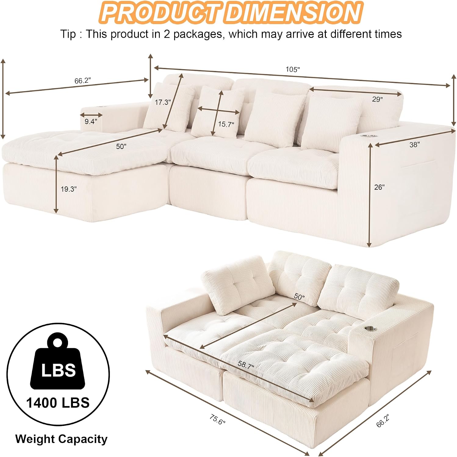108' Modular Sectional Sofa, Cloud Sectional Couch with Deep Seat, Modern Modular L-Shape Sofa Couch with Chaise,Upholstered Couches for Living Room Bedroom (Light Beige)