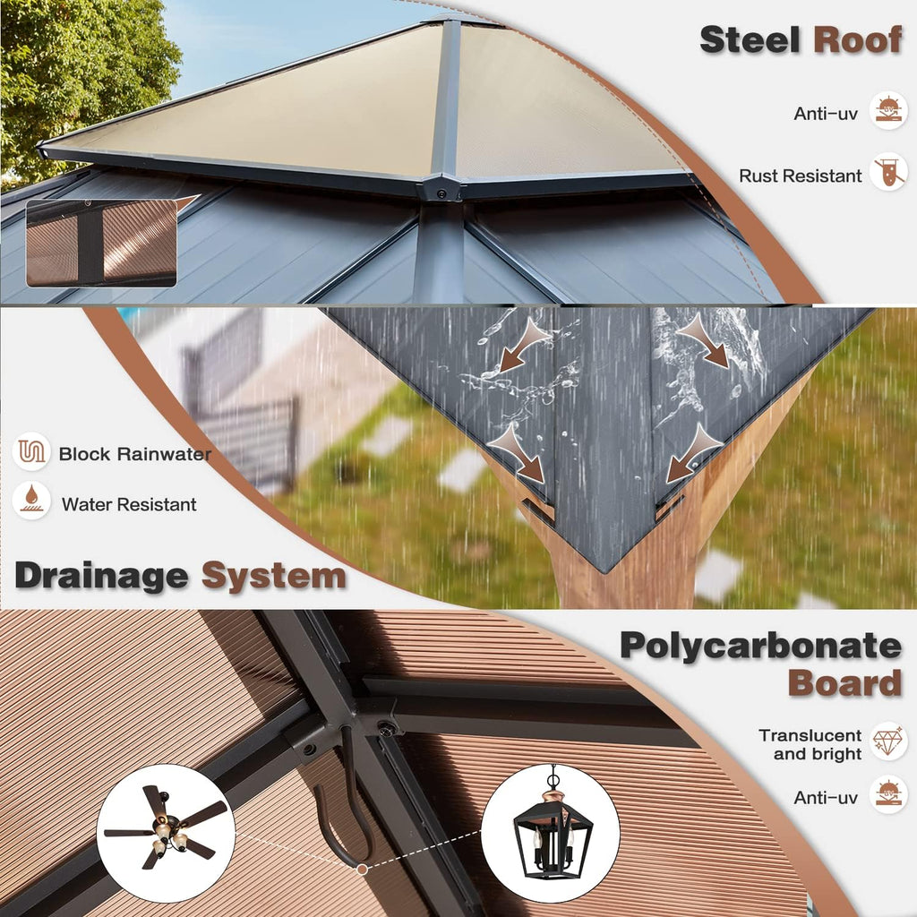 YOLENY 12' x 14' Hardtop Gazebo Ultra-Thick Columns and Beams with Wood Grain Aluminum Frame, Dual Material Double Roof, Outdoor Gazebo with Netting and Curtains for Deck, Backyard and Patio