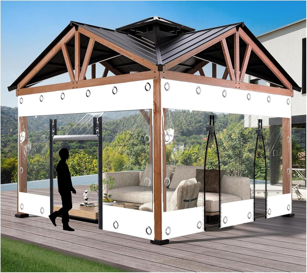 Clear Tarps with Zipper,Outdoor Vinyl Curtain ，Vinyl Patio Enclosure,Outdoor Curtains Heavy Duty Waterproof Transparent Tarp with Grommets， for Gazebo Porch Pergola(White,H2.4xW4m/H7.8xW13.1ft)