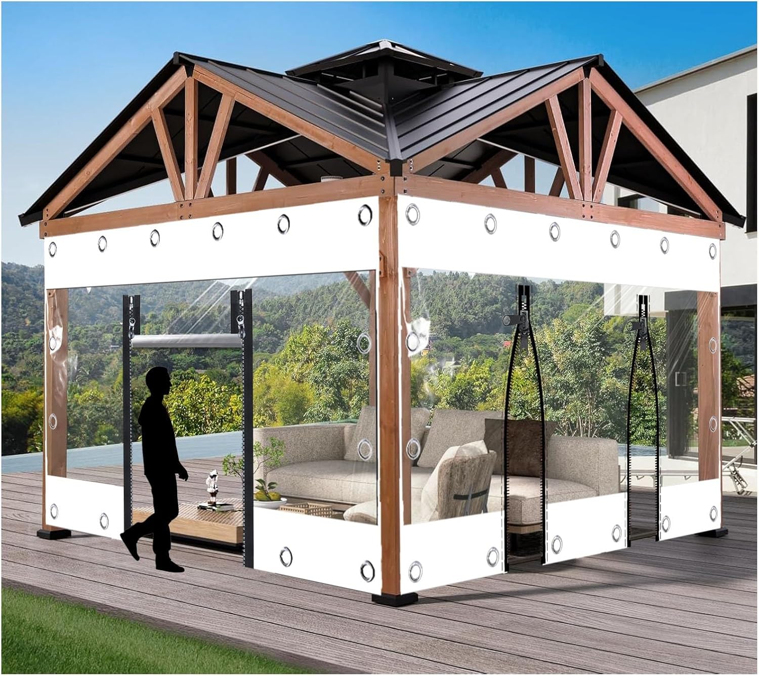 Clear Tarps with Zipper,Outdoor Vinyl Curtain ，Vinyl Patio Enclosure,Outdoor Curtains Heavy Duty Waterproof Transparent Tarp with Grommets， for Gazebo Porch Pergola(White,H2.4xW4m/H7.8xW13.1ft)