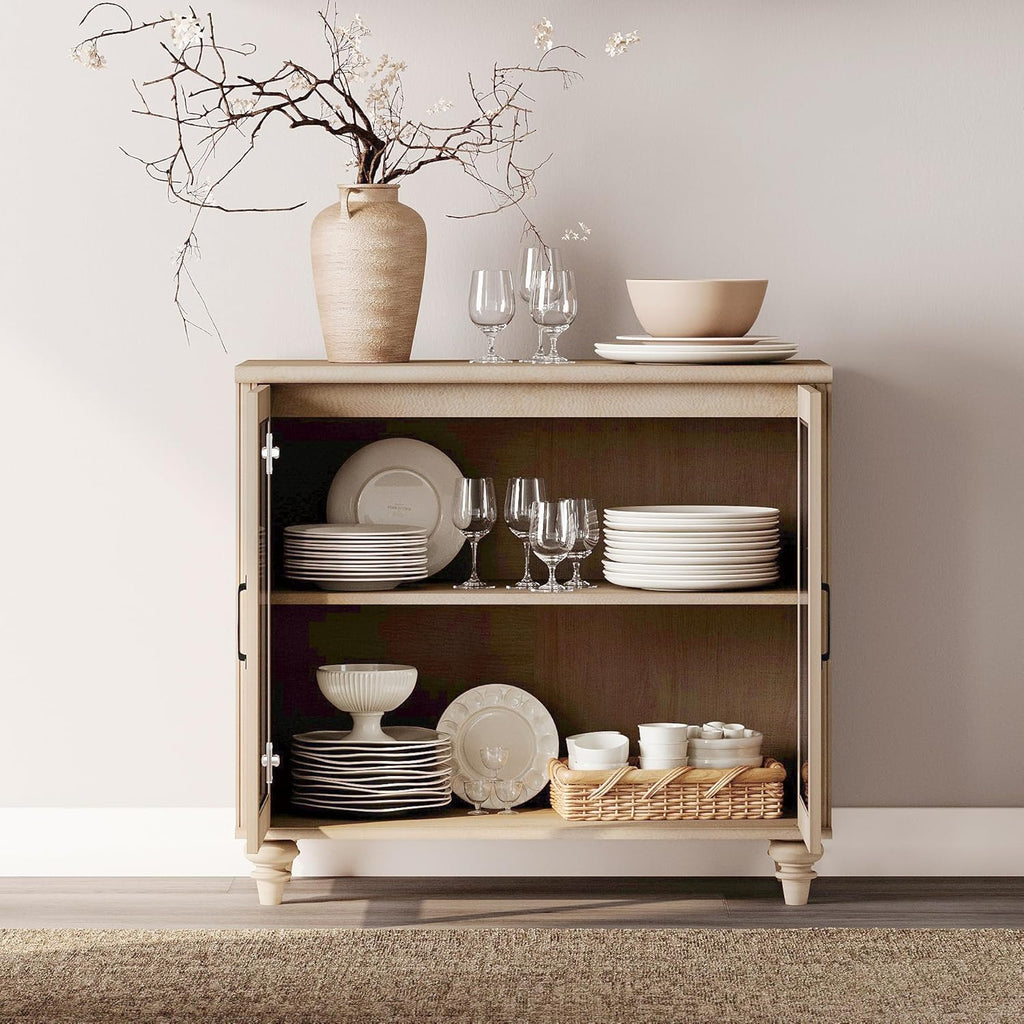 WAMPAT Farmhouse TV Stand for 75 inch TV with 4 Glass Doors, Wood Universal TV Stand with 4 Storage Cabinets, Beige Entertainment Center TV Console Table for Living Room, Bedroom