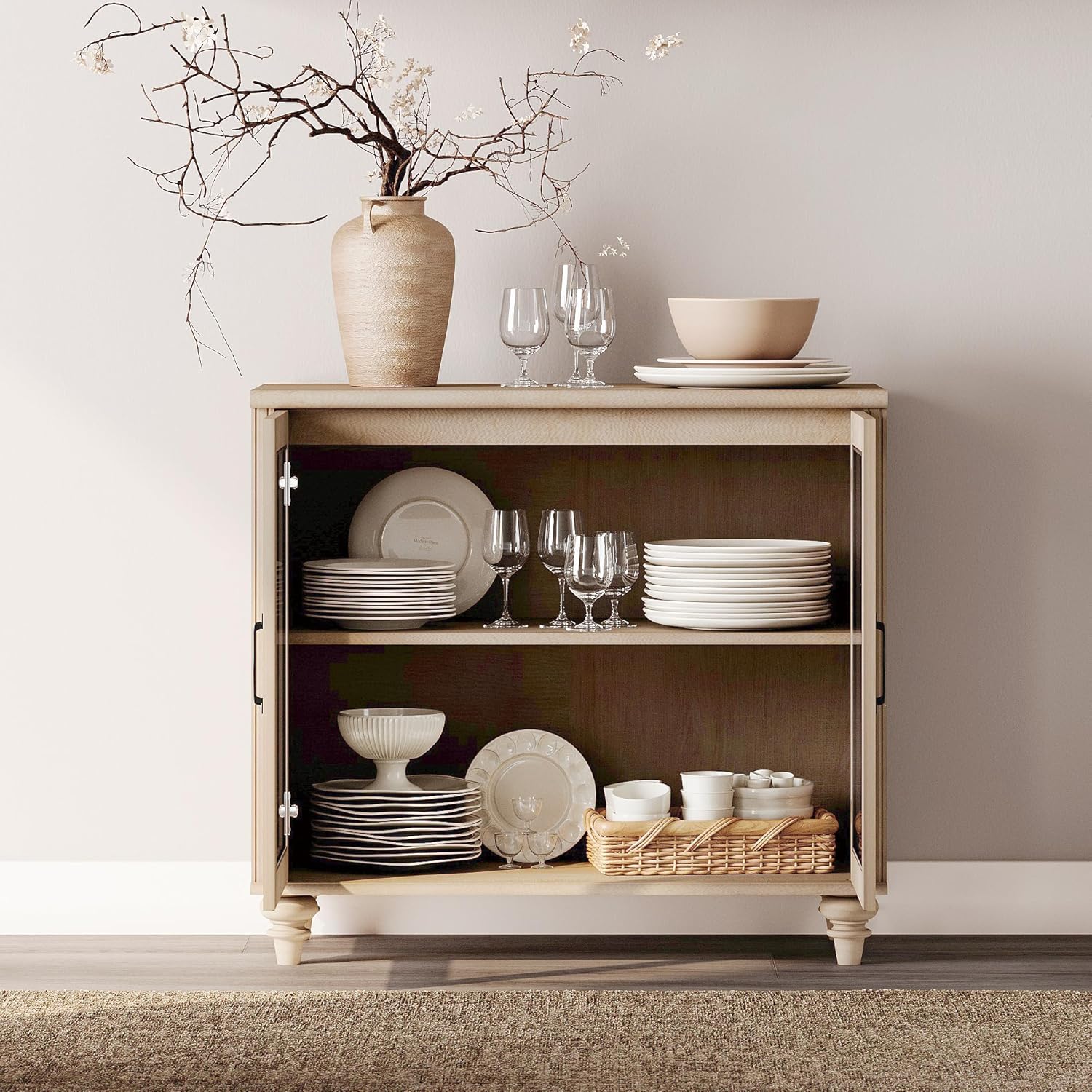 WAMPAT Farmhouse TV Stand for 75 inch TV with 4 Glass Doors, Wood Universal TV Stand with 4 Storage Cabinets, Beige Entertainment Center TV Console Table for Living Room, Bedroom